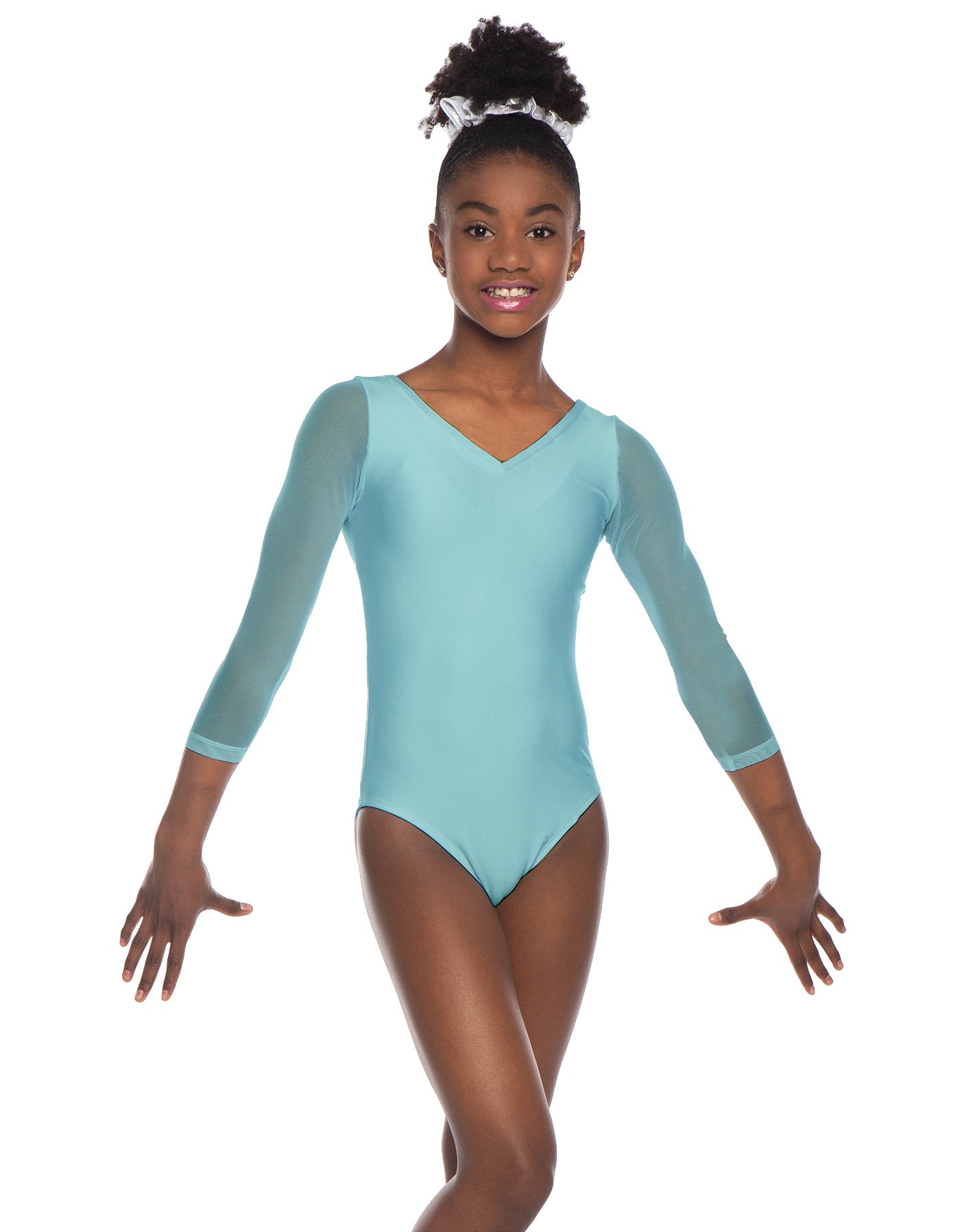 Solid Lycra Mesh 3/4 Sleeve V-Neck Leotard Gymnastics