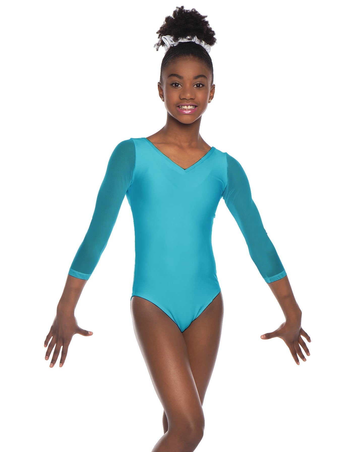 Solid Lycra Mesh 3/4 Sleeve V-Neck Leotard Gymnastics