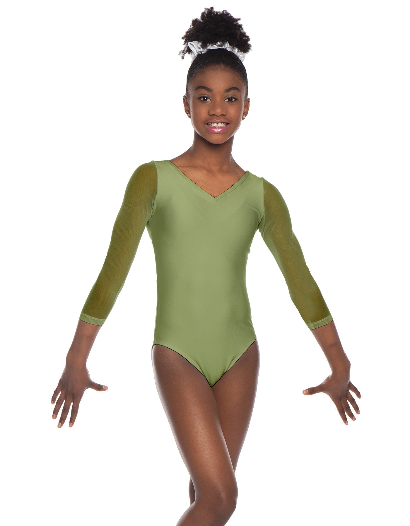 Solid Lycra Mesh 3/4 Sleeve V-Neck Leotard Gymnastics