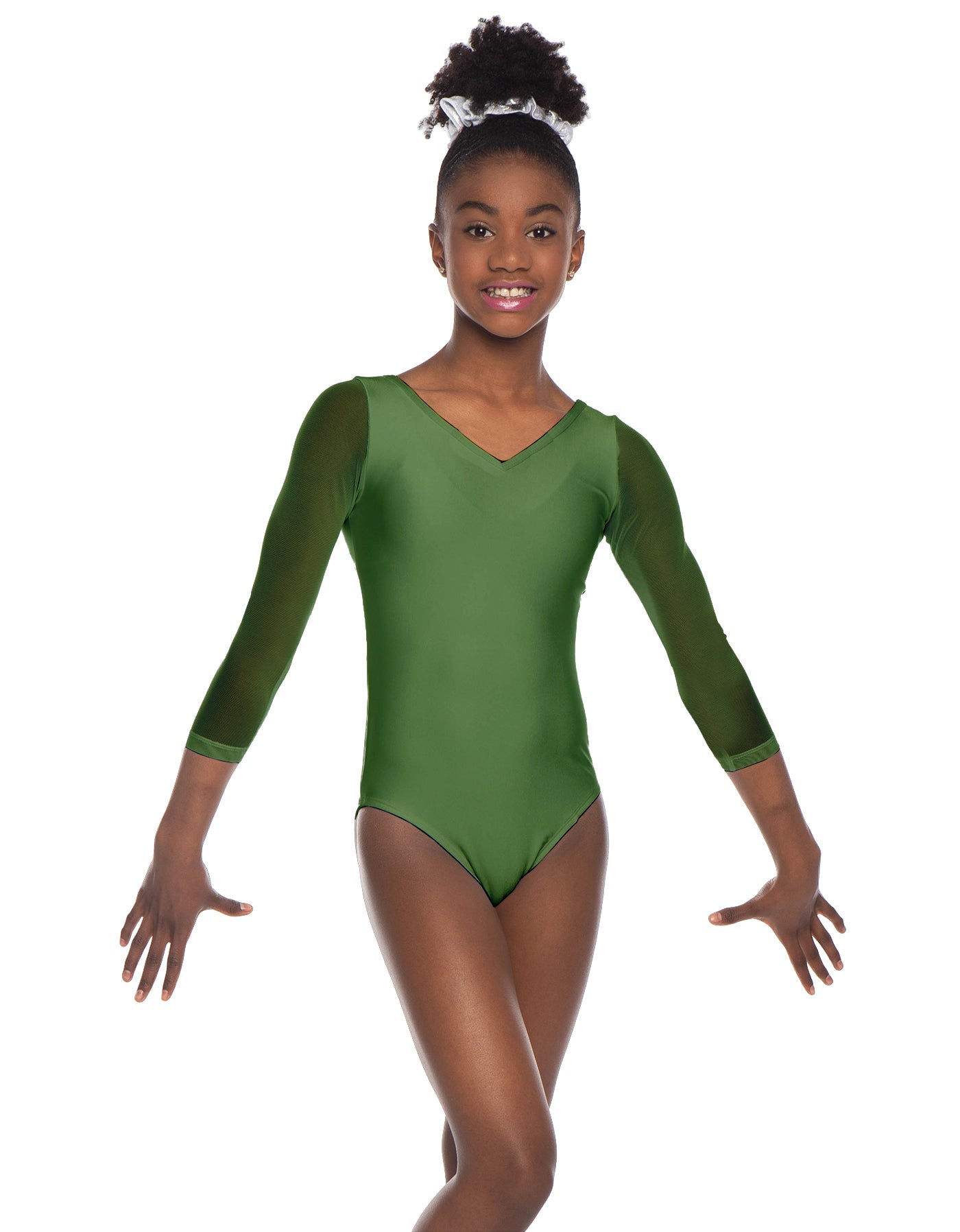 Solid Lycra Mesh 3/4 Sleeve V-Neck Leotard Gymnastics