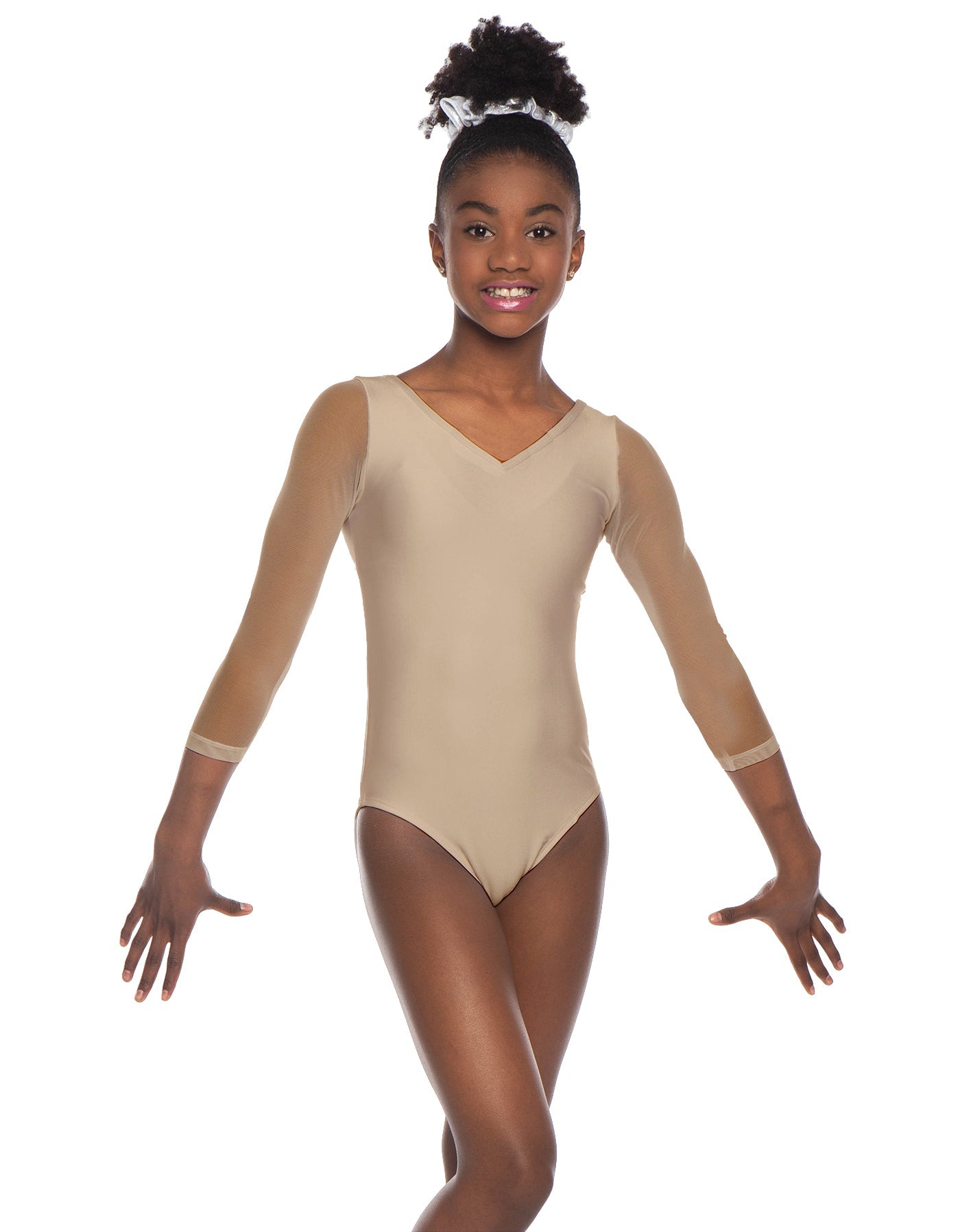 Solid Lycra Mesh 3/4 Sleeve V-Neck Leotard Gymnastics