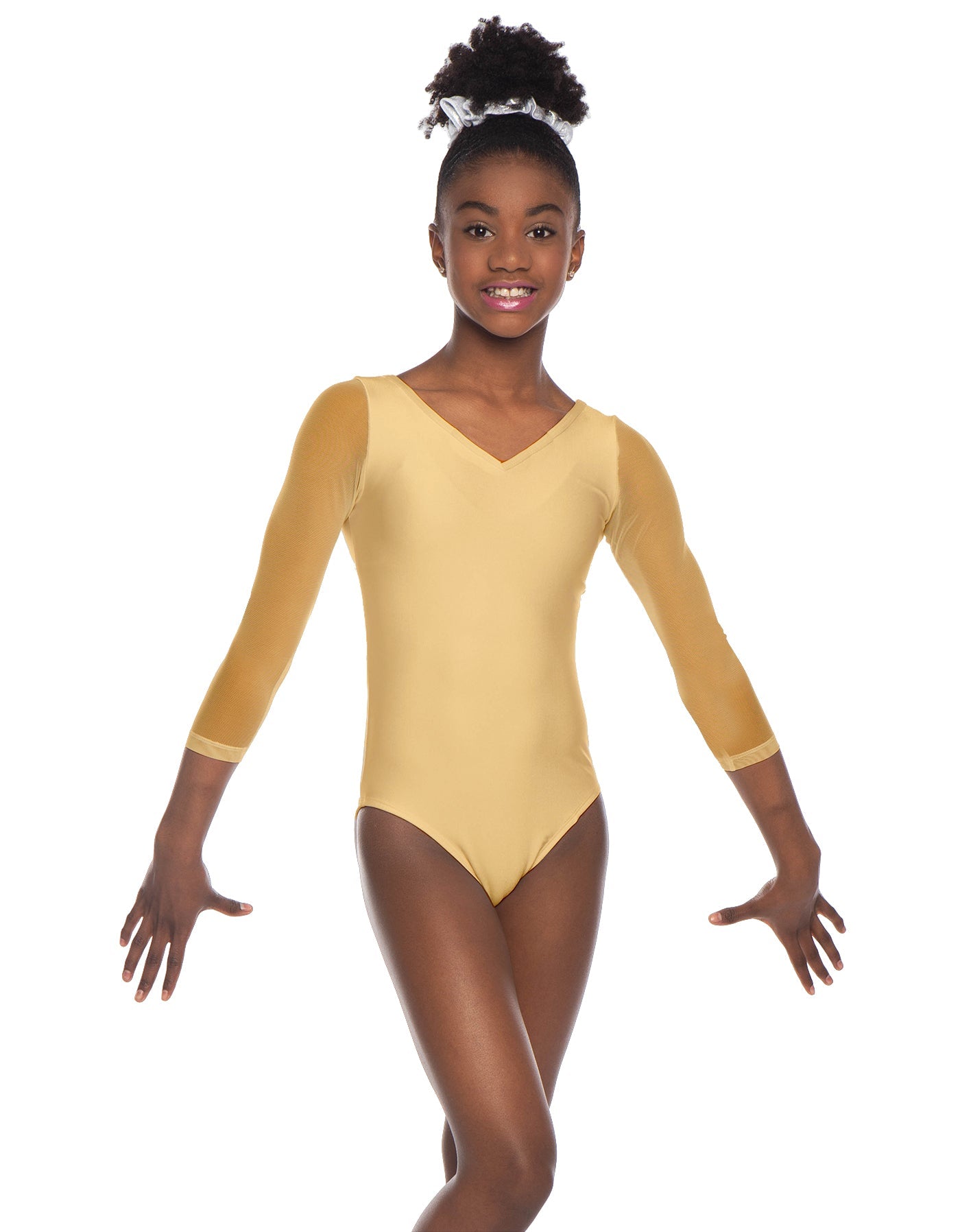 Solid Lycra Mesh 3/4 Sleeve V-Neck Leotard Gymnastics