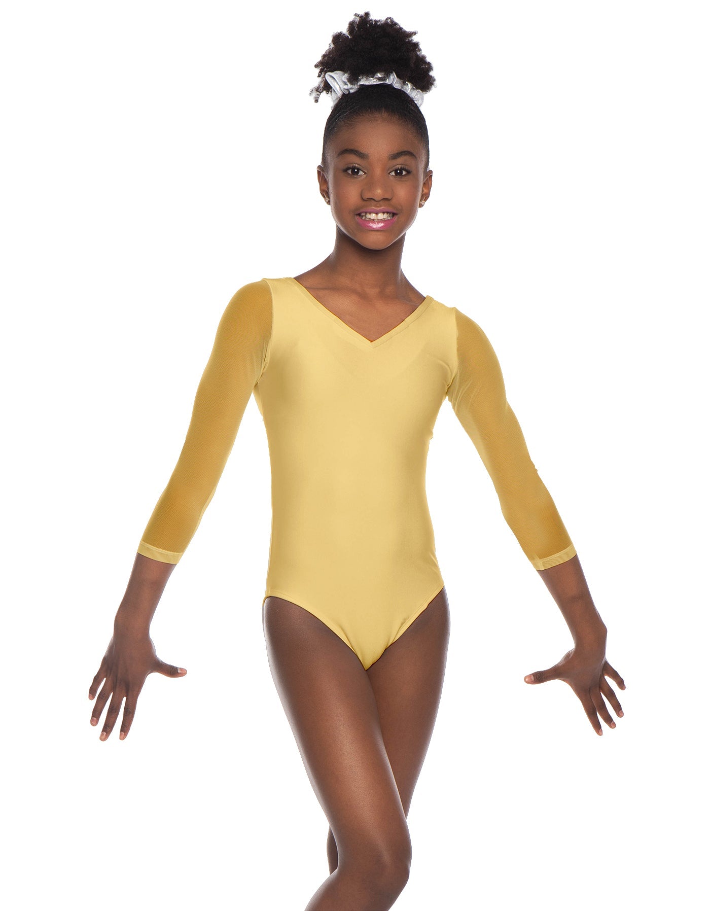Solid Lycra Mesh 3/4 Sleeve V-Neck Leotard Gymnastics