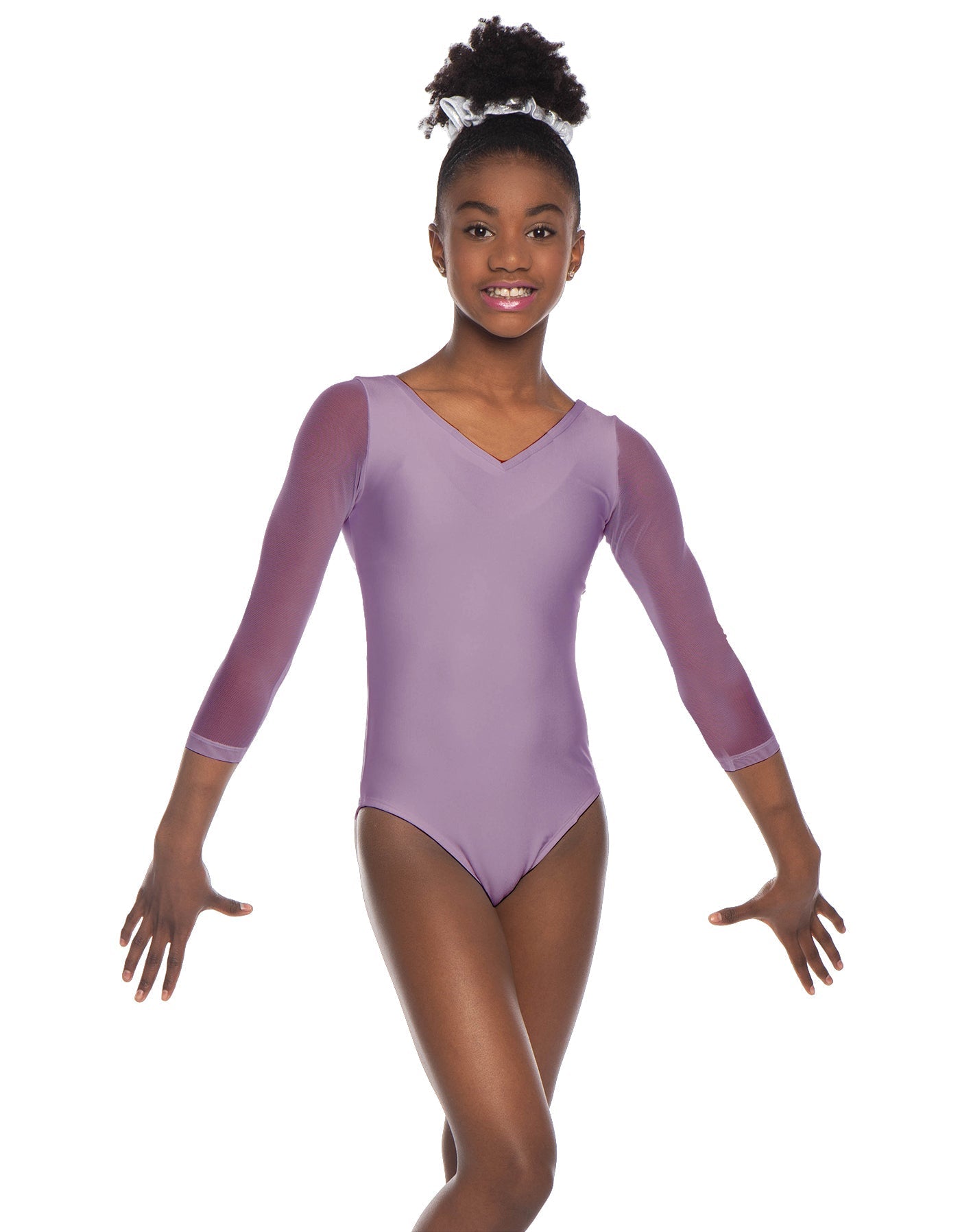 Solid Lycra Mesh 3/4 Sleeve V-Neck Leotard Gymnastics