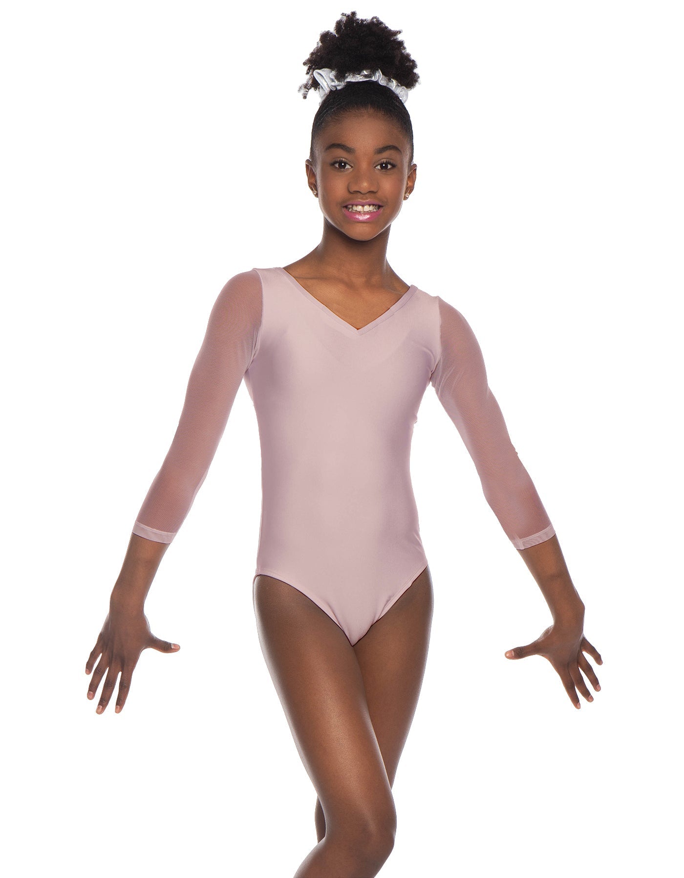 Solid Lycra Mesh 3/4 Sleeve V-Neck Leotard Gymnastics