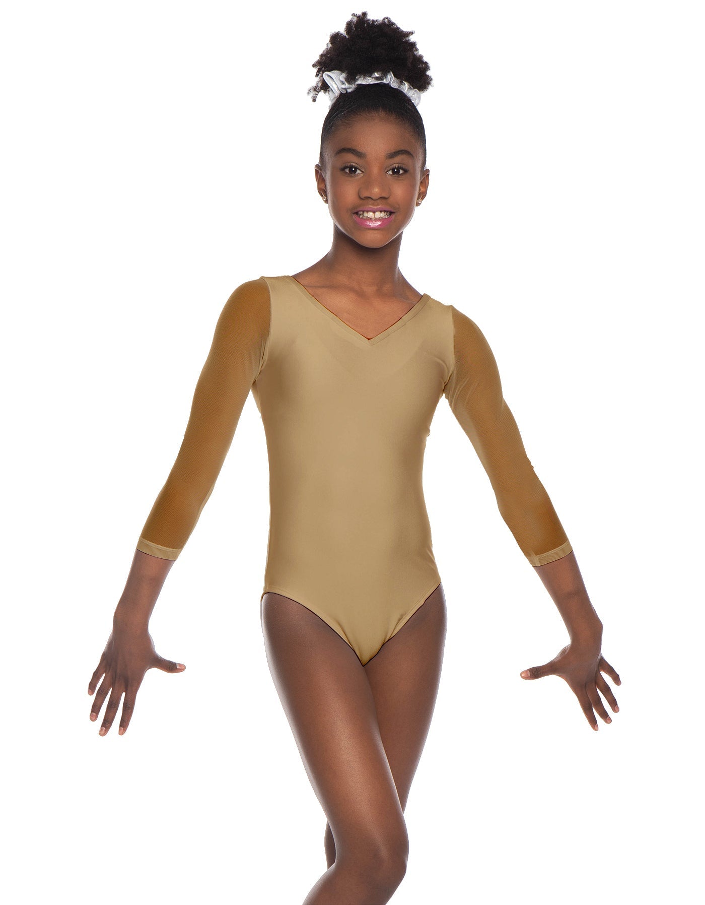 Solid Lycra Mesh 3/4 Sleeve V-Neck Leotard Gymnastics