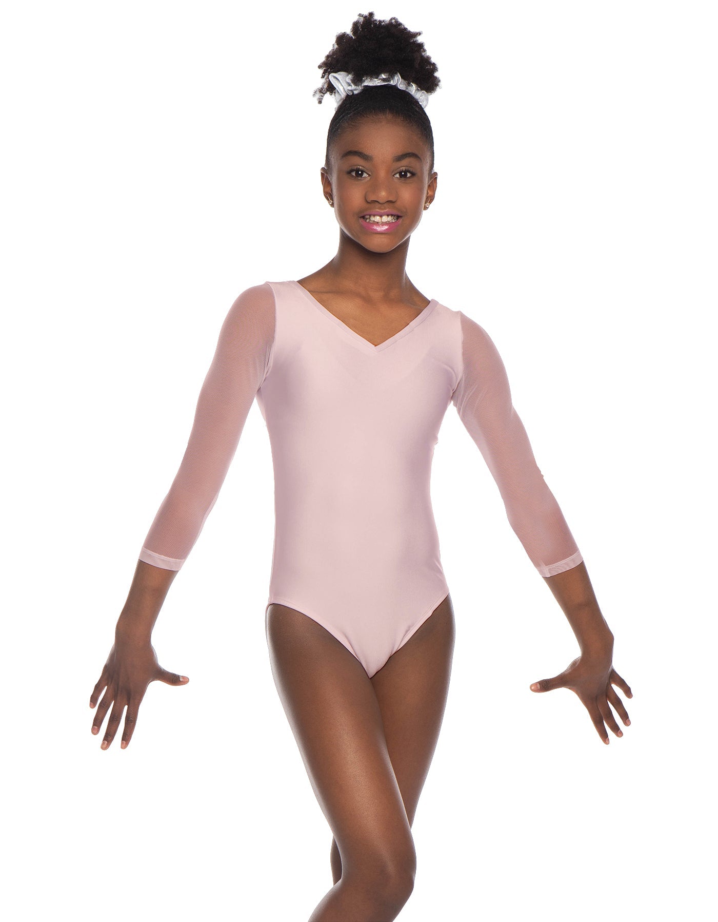 Solid Lycra Mesh 3/4 Sleeve V-Neck Leotard Gymnastics