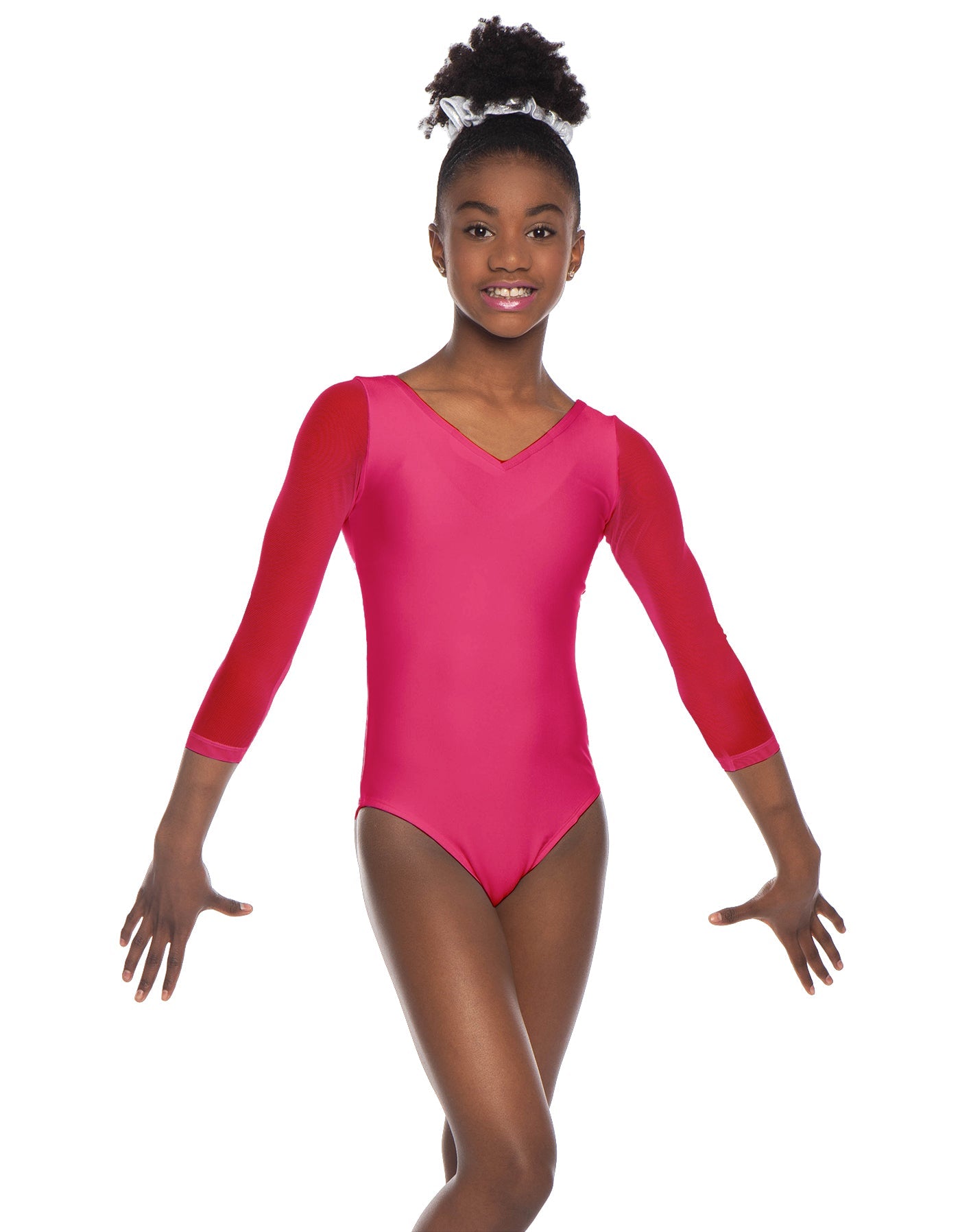 Solid Lycra Mesh 3/4 Sleeve V-Neck Leotard Gymnastics