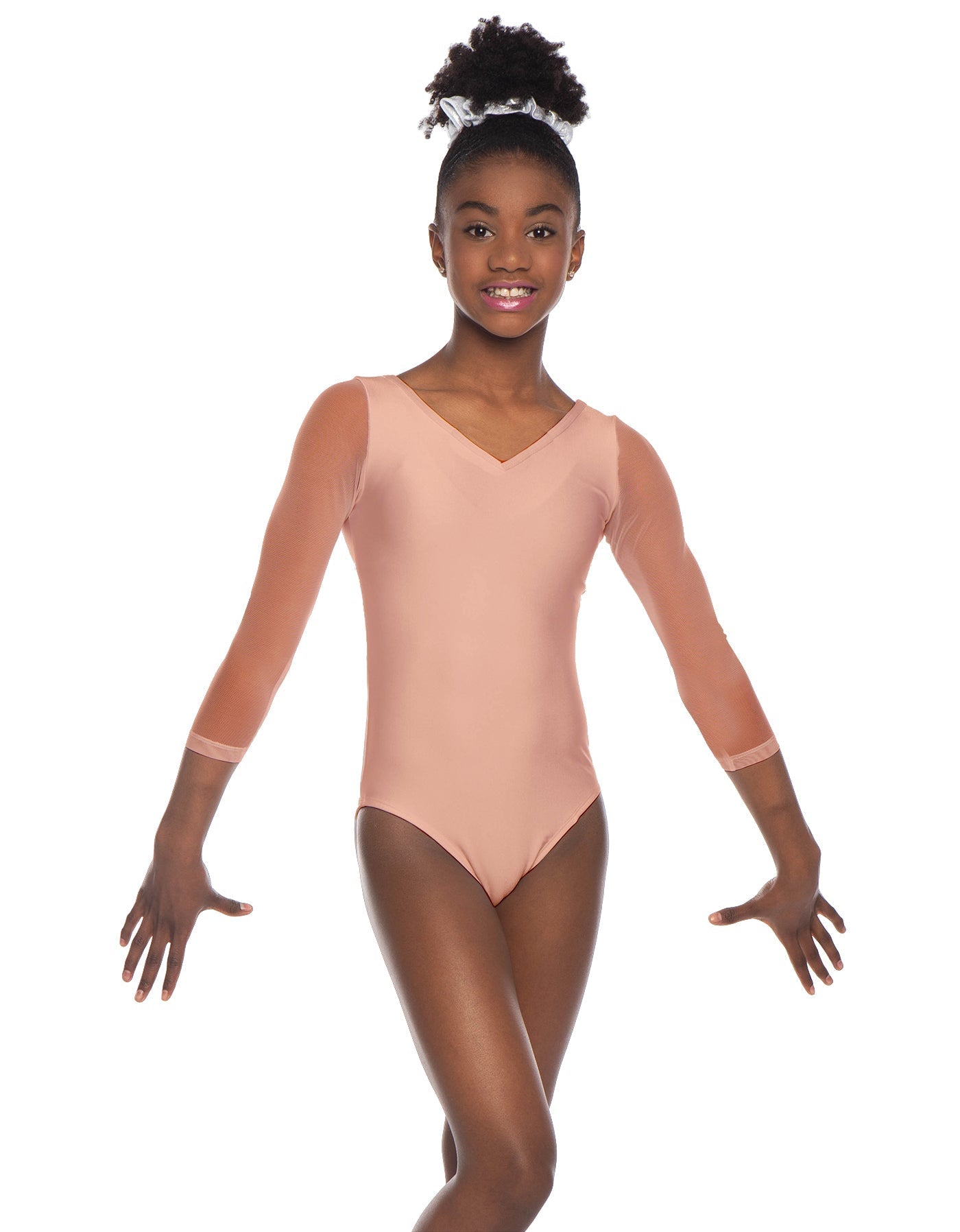 Solid Lycra Mesh 3/4 Sleeve V-Neck Leotard Gymnastics