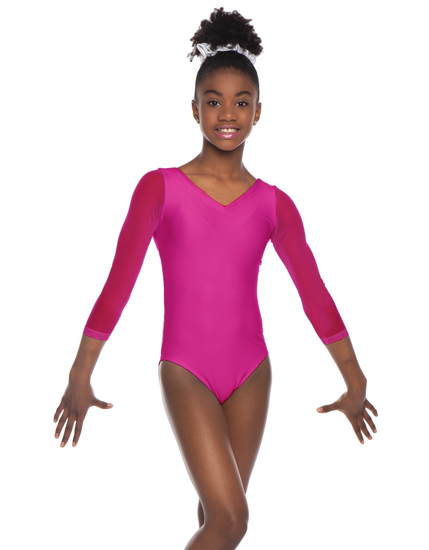 Solid Lycra Mesh 3/4 Sleeve V-Neck Leotard Gymnastics