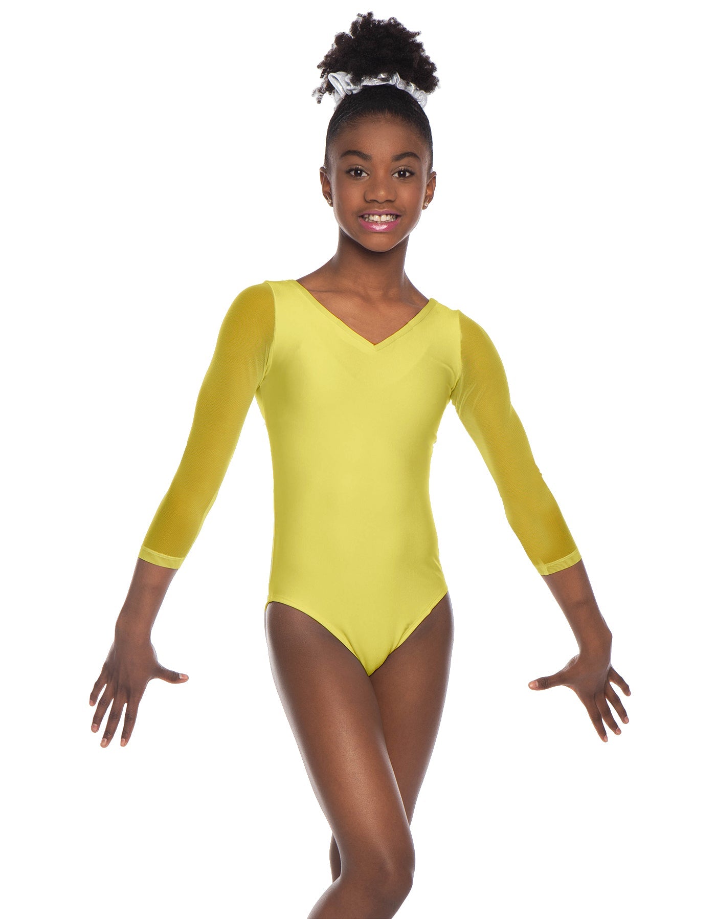 Solid Lycra Mesh 3/4 Sleeve V-Neck Leotard Gymnastics