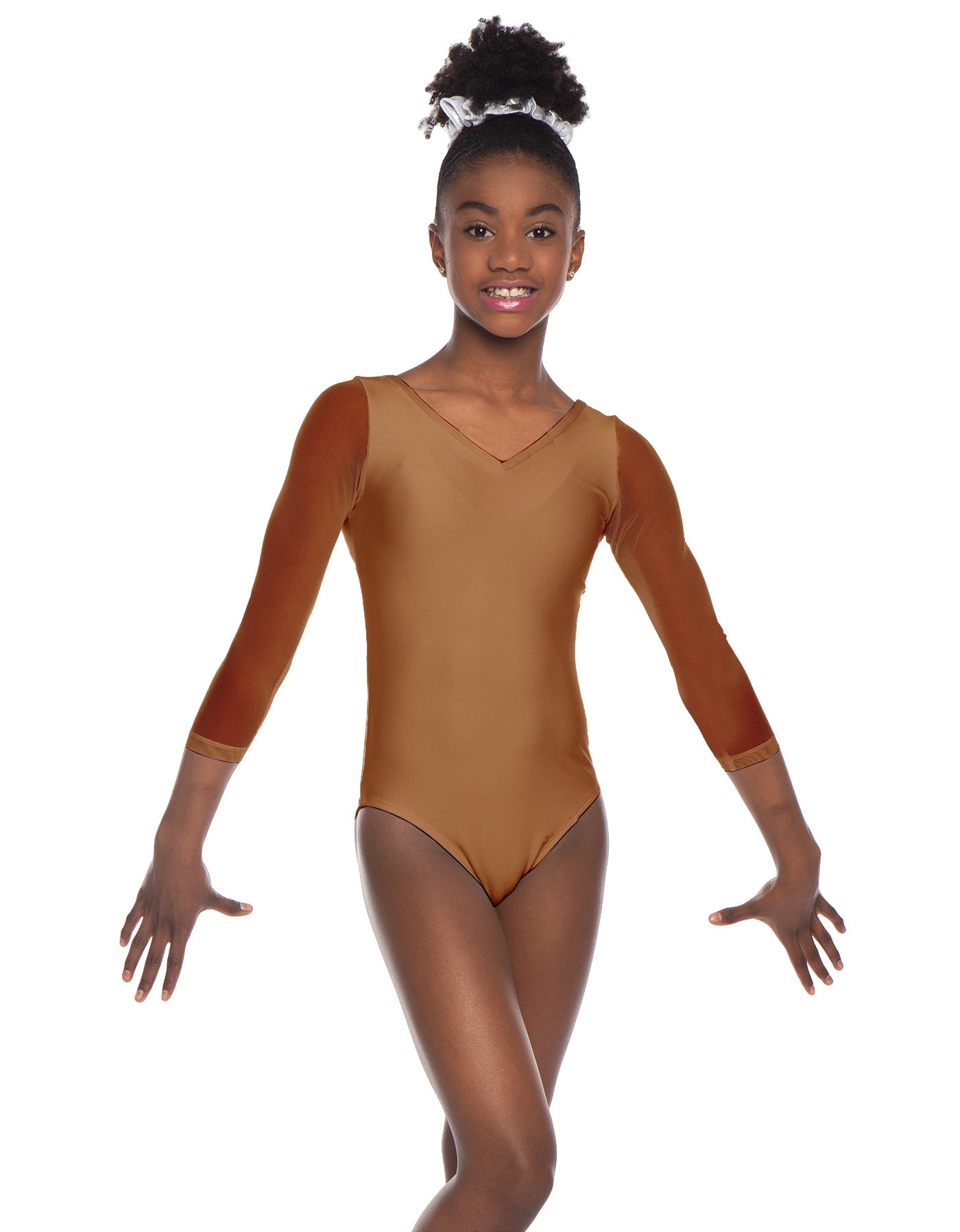 Solid Lycra Mesh 3/4 Sleeve V-Neck Leotard Gymnastics