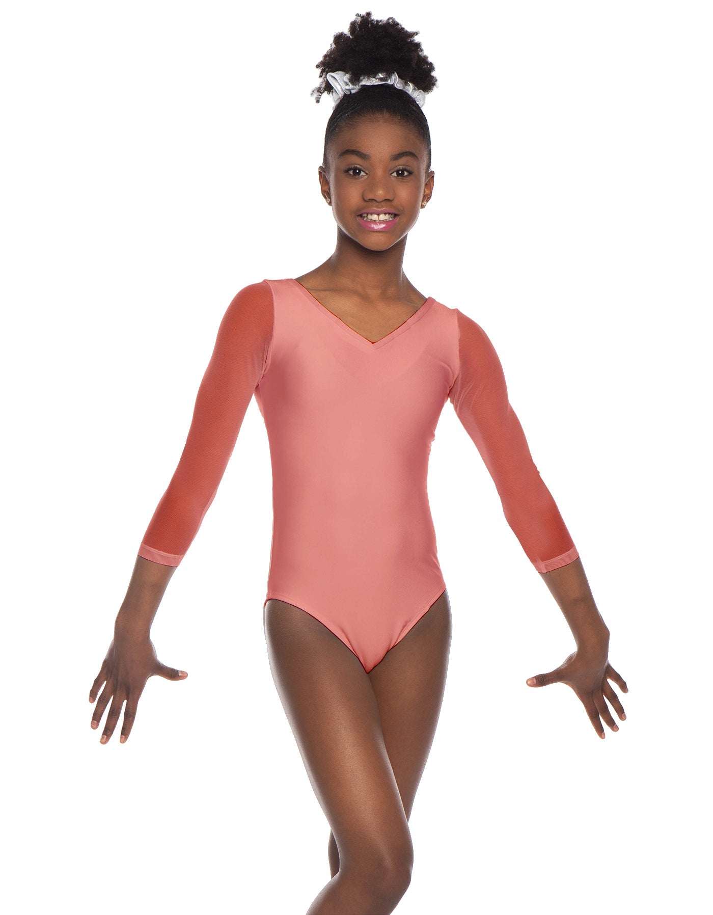 Solid Lycra Mesh 3/4 Sleeve V-Neck Leotard Gymnastics