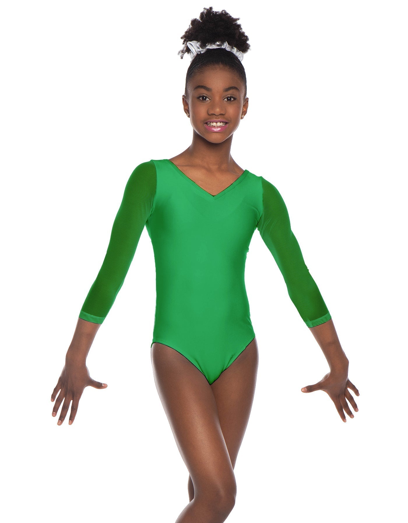 Solid Lycra Mesh 3/4 Sleeve V-Neck Leotard Gymnastics
