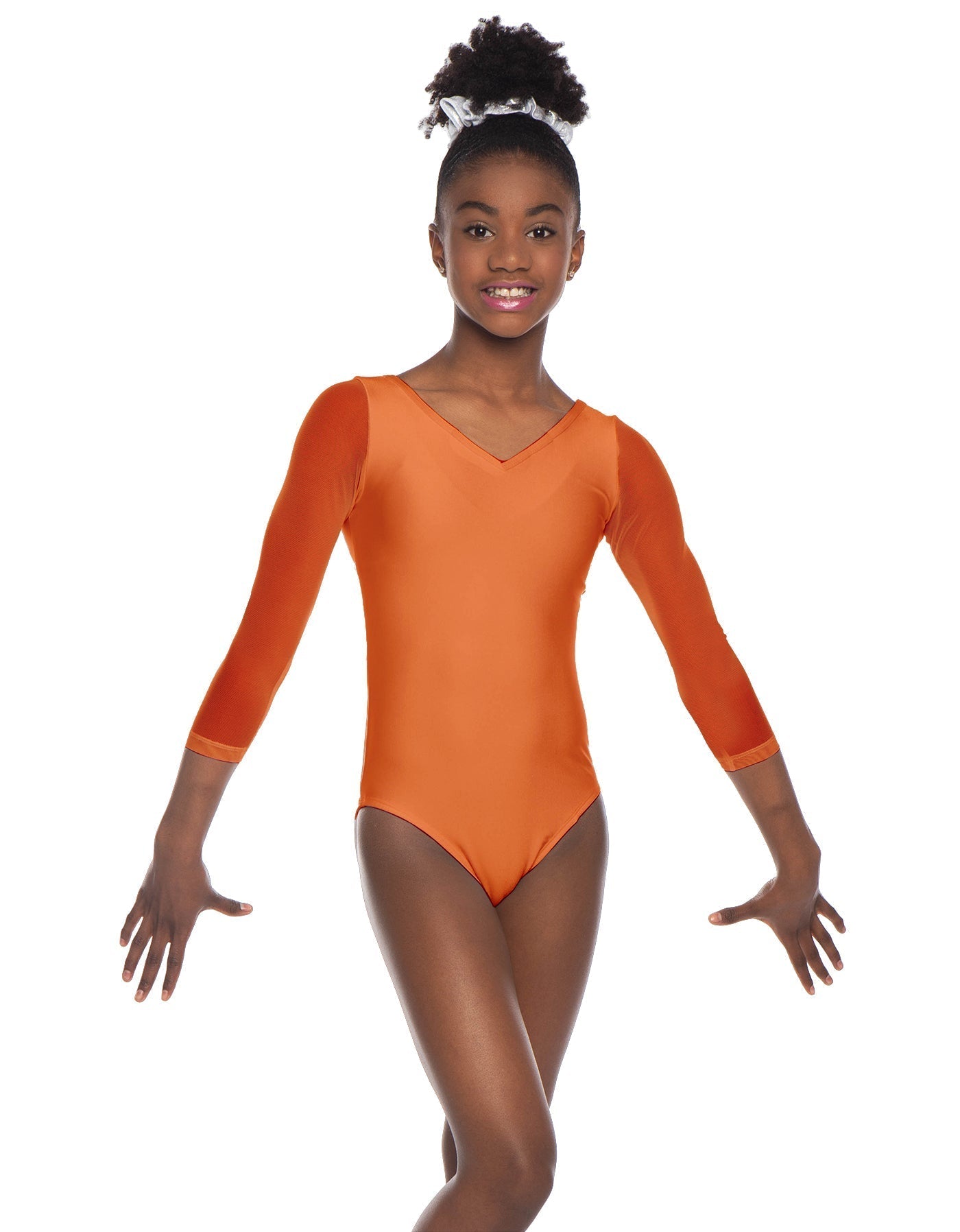 Solid Lycra Mesh 3/4 Sleeve V-Neck Leotard Gymnastics