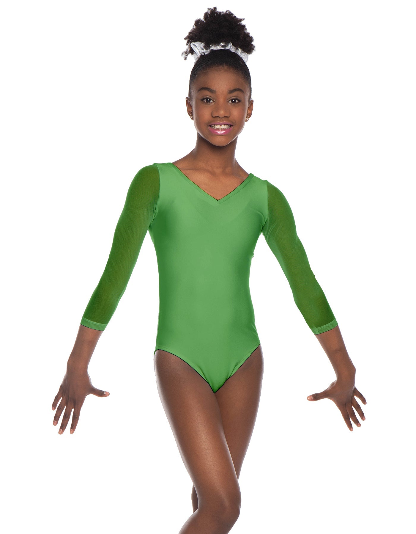 Solid Lycra Mesh 3/4 Sleeve V-Neck Leotard Gymnastics