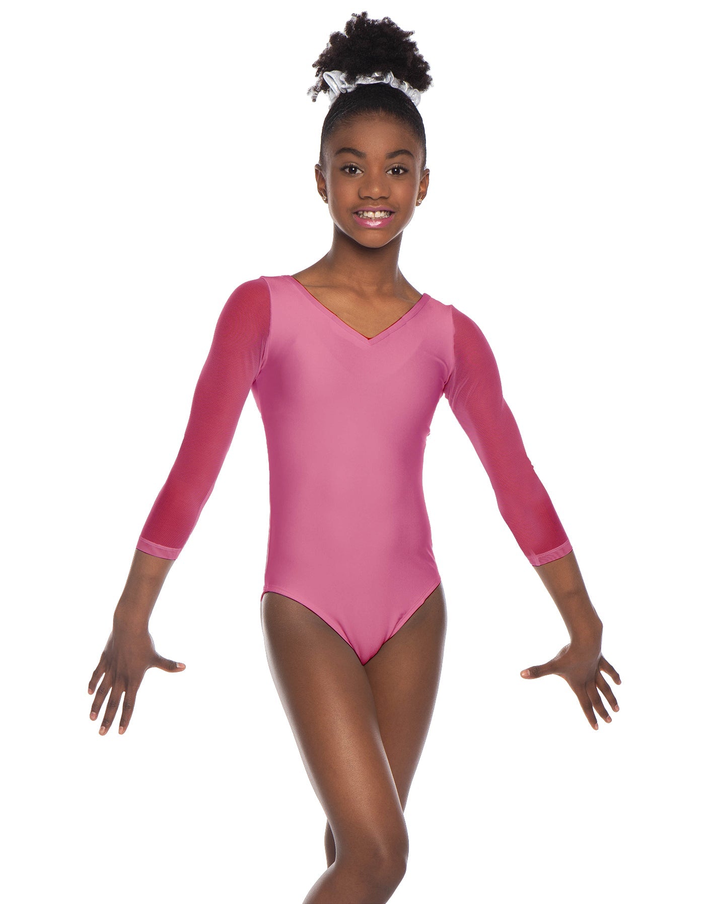 Solid Lycra Mesh 3/4 Sleeve V-Neck Leotard Gymnastics