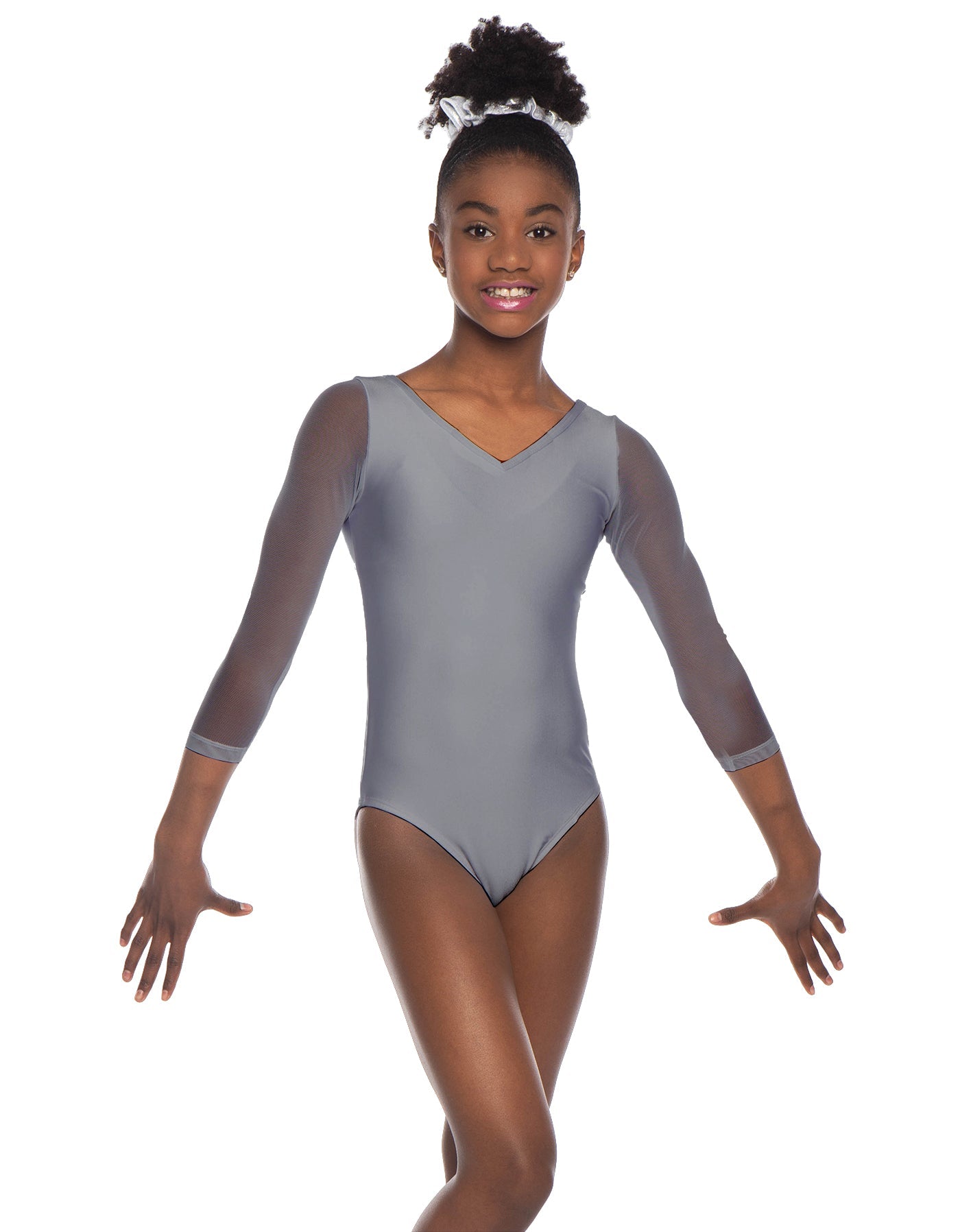 Solid Lycra Mesh 3/4 Sleeve V-Neck Leotard Gymnastics