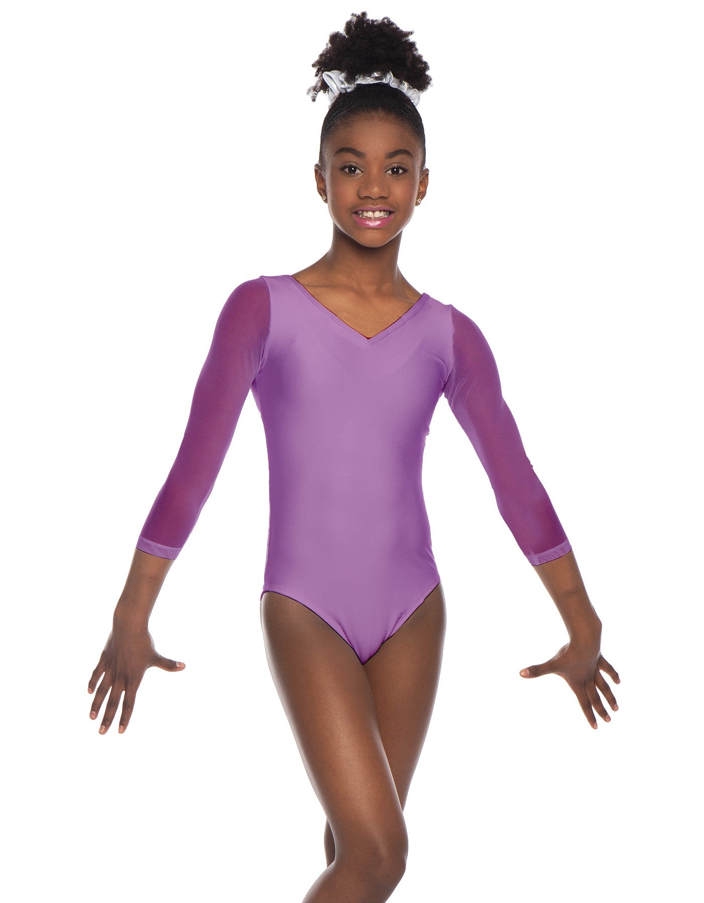 Solid Lycra Mesh 3/4 Sleeve V-Neck Leotard Gymnastics