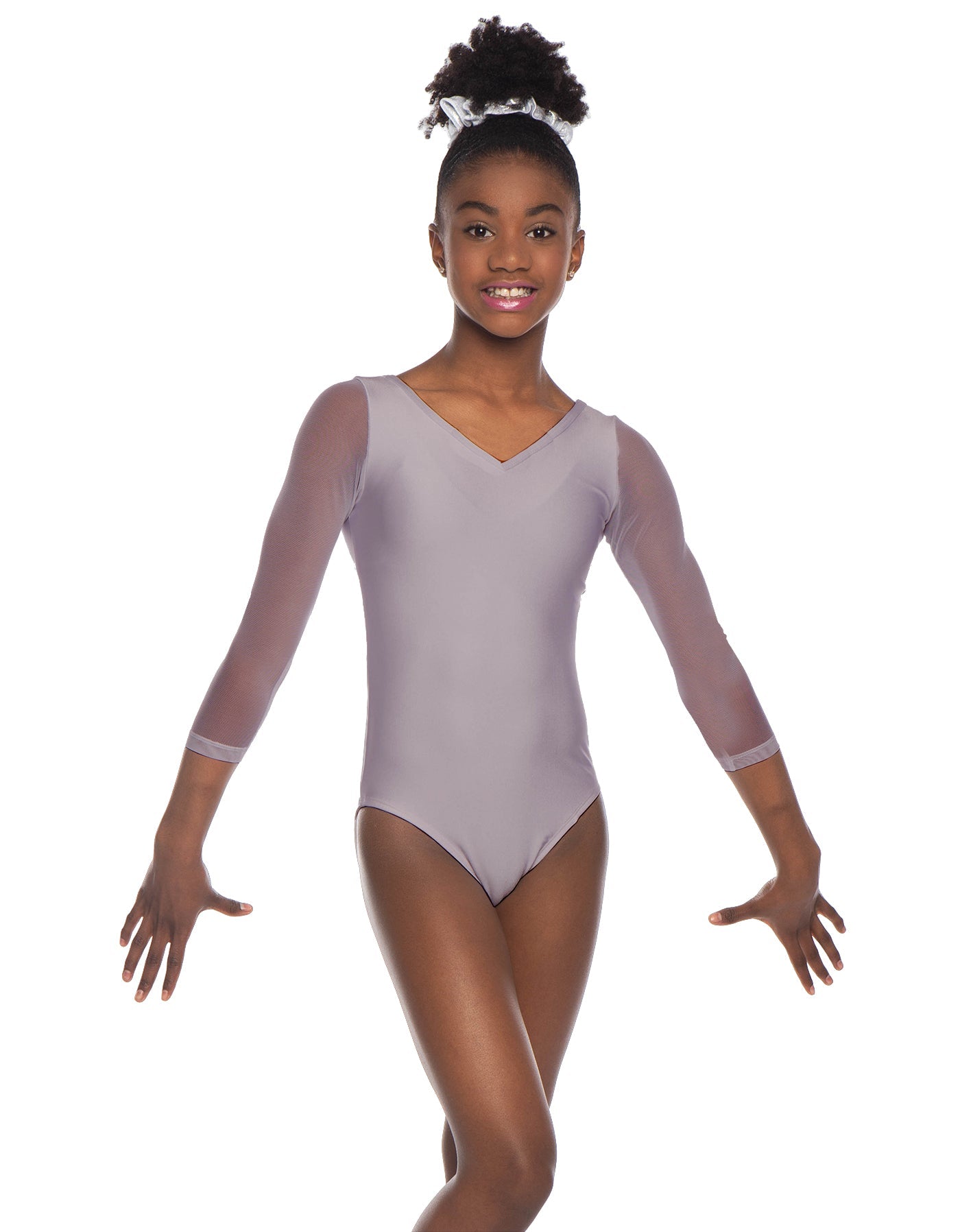 Solid Lycra Mesh 3/4 Sleeve V-Neck Leotard Gymnastics