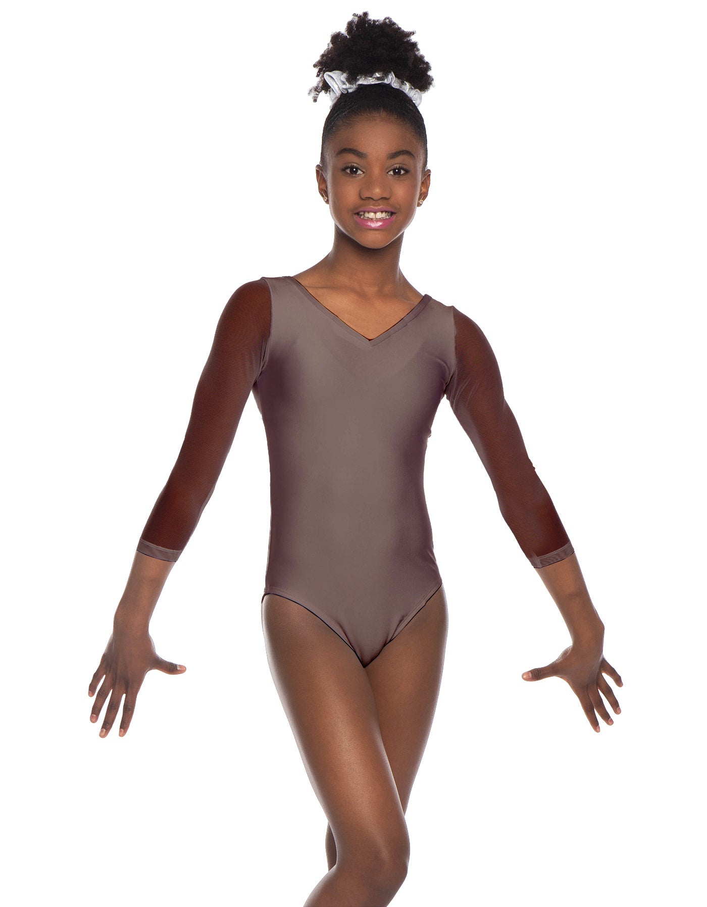 Solid Lycra Mesh 3/4 Sleeve V-Neck Leotard Gymnastics