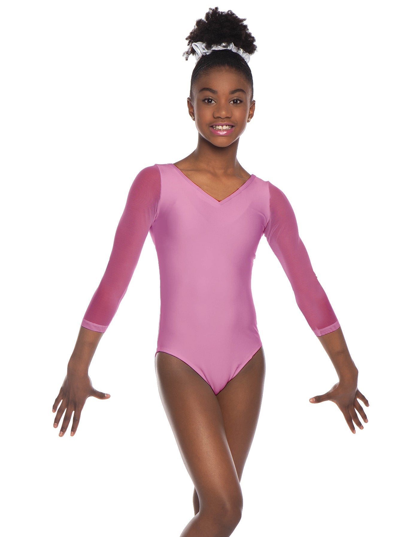 Solid Lycra Mesh 3/4 Sleeve V-Neck Leotard Gymnastics