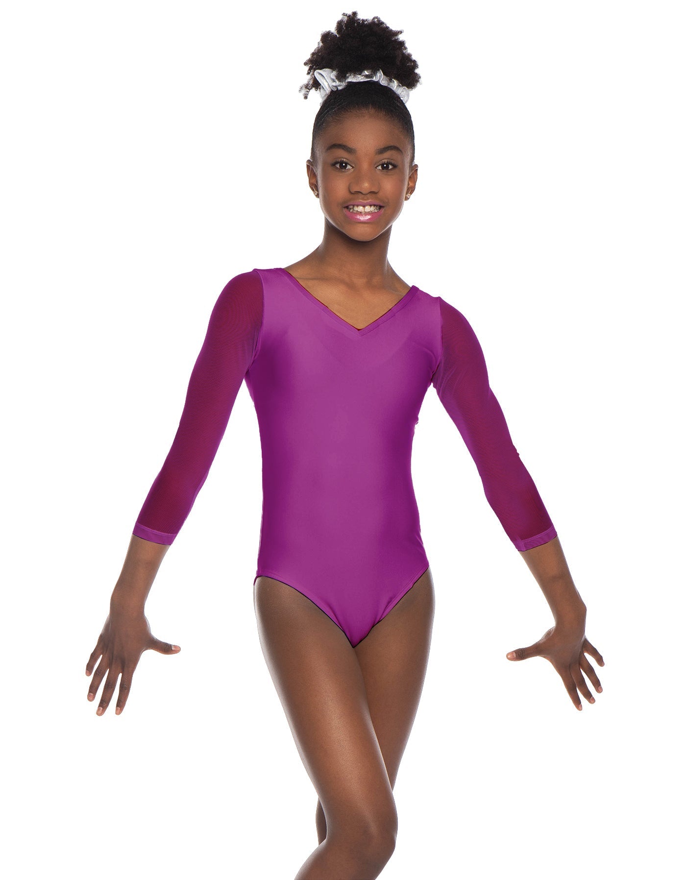 Solid Lycra Mesh 3/4 Sleeve V-Neck Leotard Gymnastics