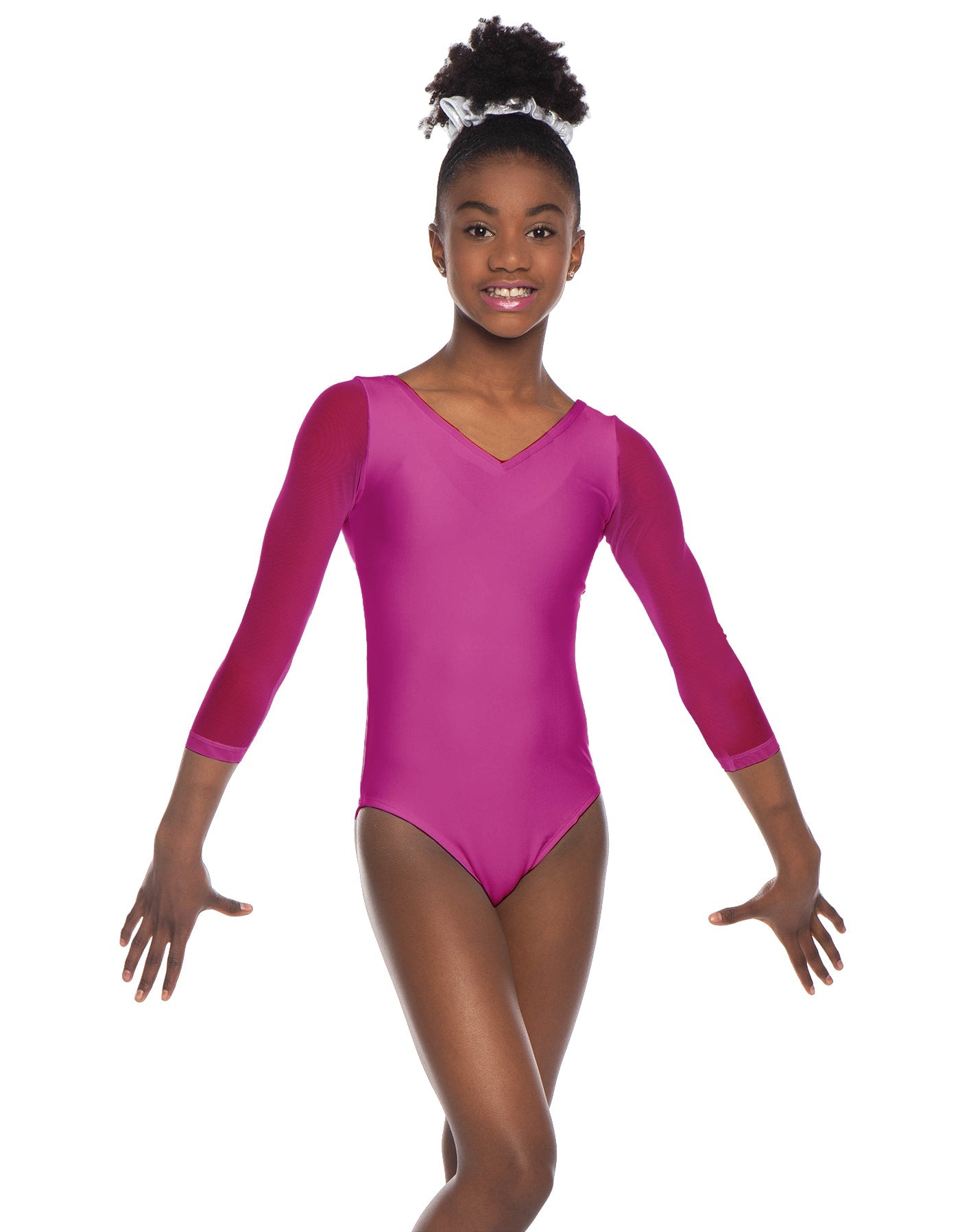 Solid Lycra Mesh 3/4 Sleeve V-Neck Leotard Gymnastics