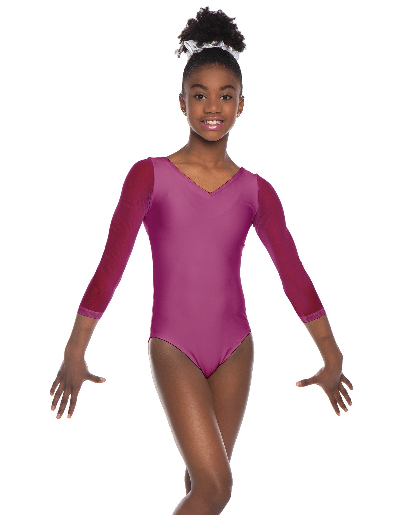 Solid Lycra Mesh 3/4 Sleeve V-Neck Leotard Gymnastics