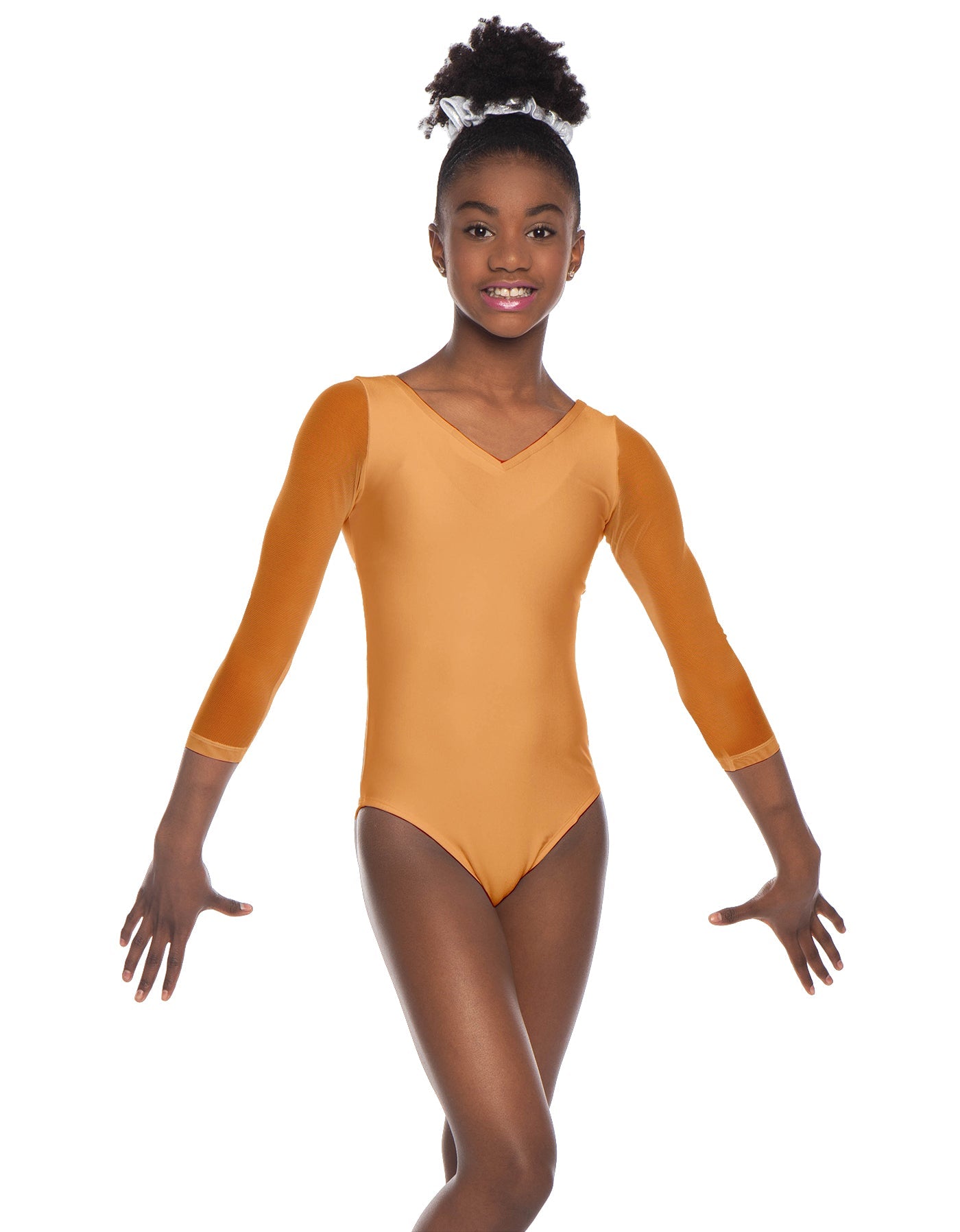Solid Lycra Mesh 3/4 Sleeve V-Neck Leotard Gymnastics