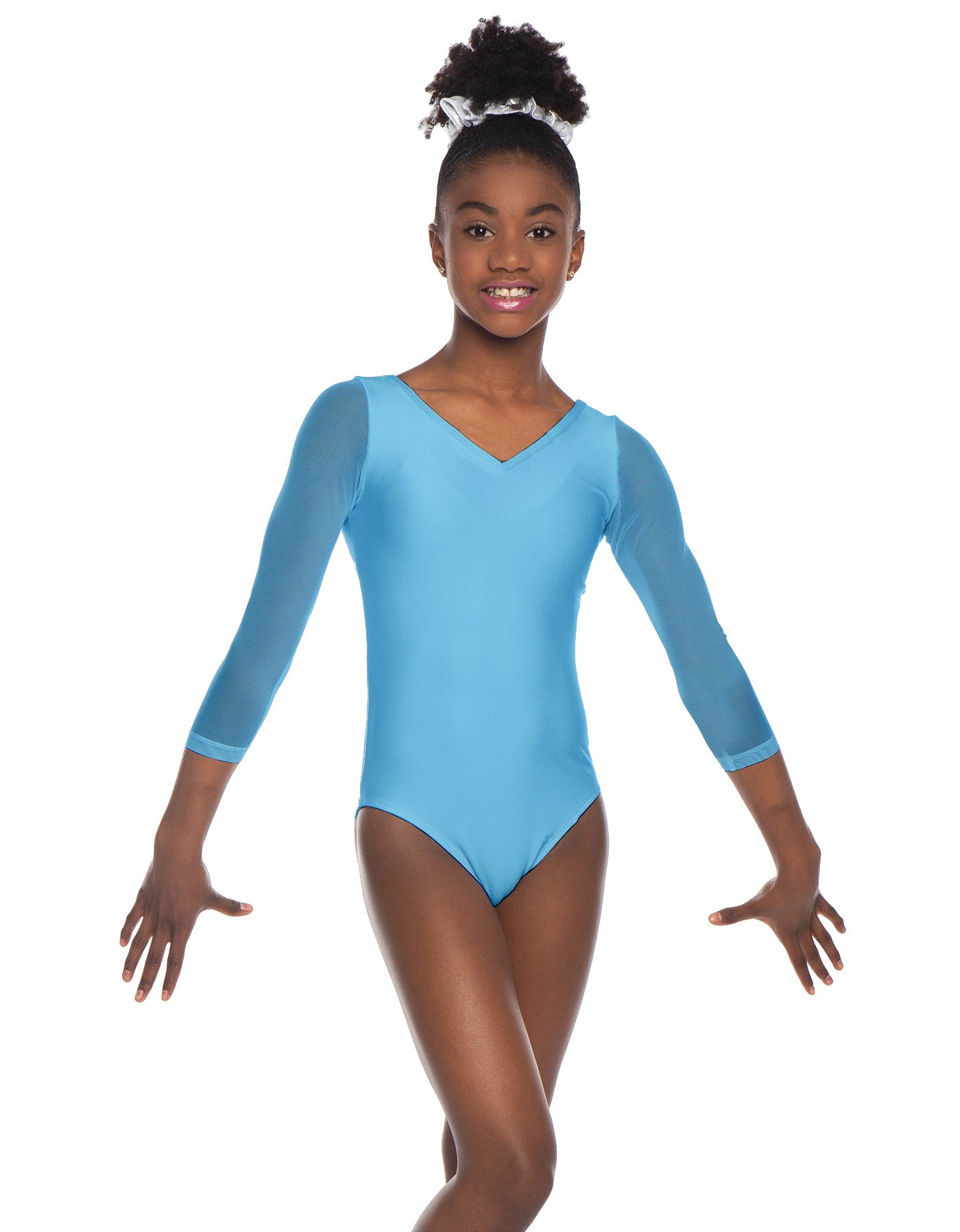 Solid Lycra Mesh 3/4 Sleeve V-Neck Leotard Gymnastics