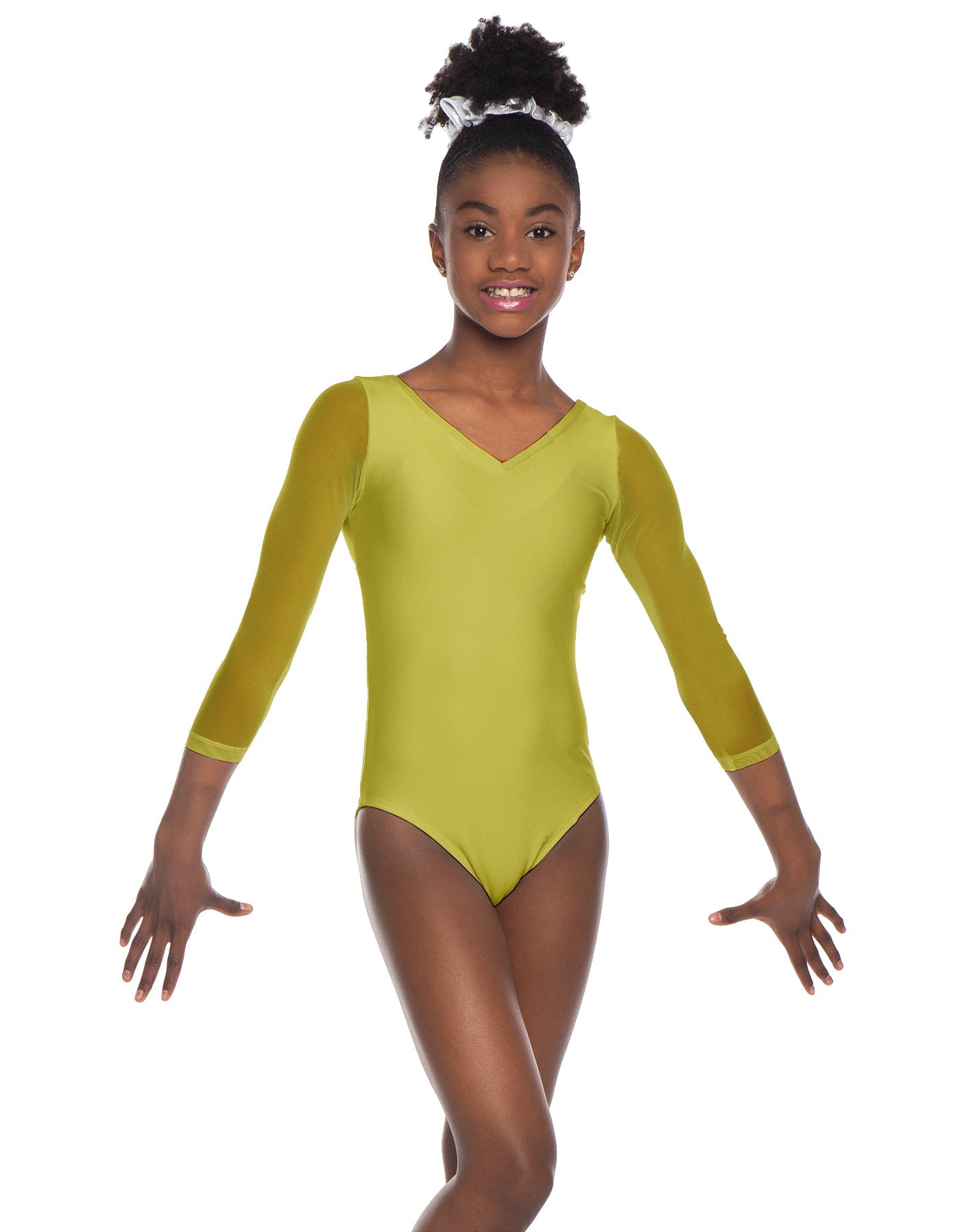 Solid Lycra Mesh 3/4 Sleeve V-Neck Leotard Gymnastics