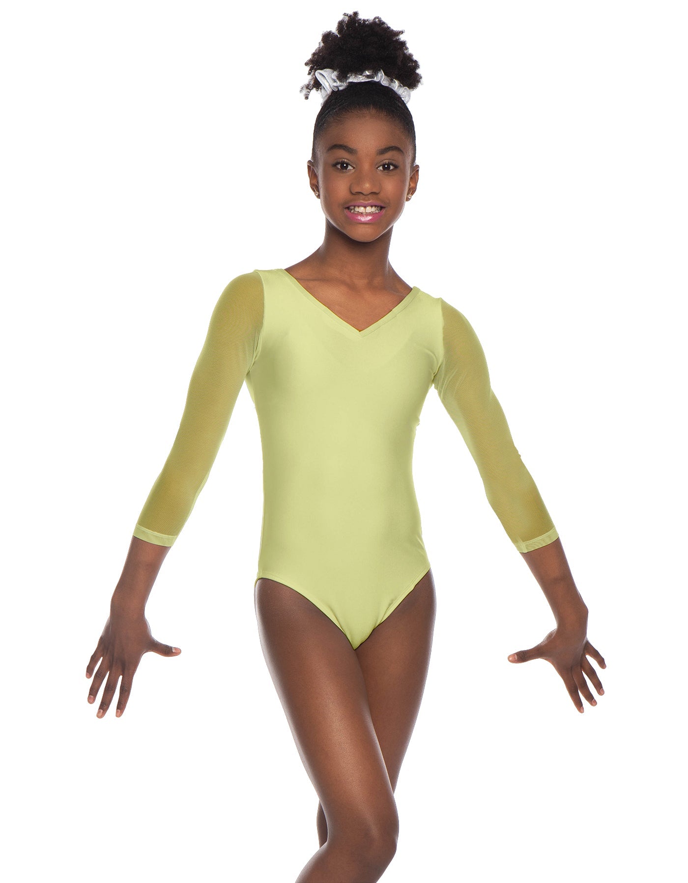 Solid Lycra Mesh 3/4 Sleeve V-Neck Leotard Gymnastics