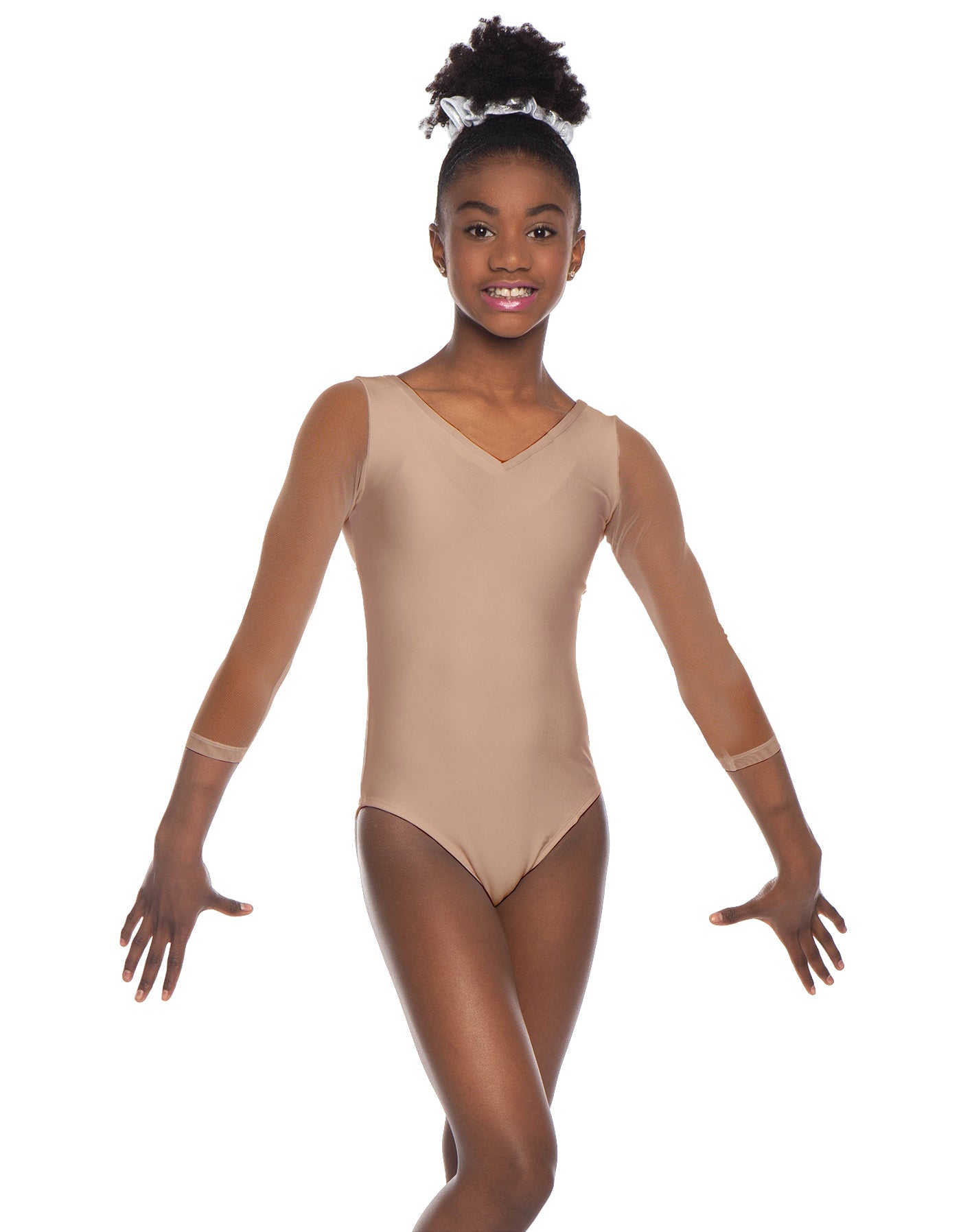 Solid Lycra Mesh 3/4 Sleeve V-Neck Leotard Gymnastics