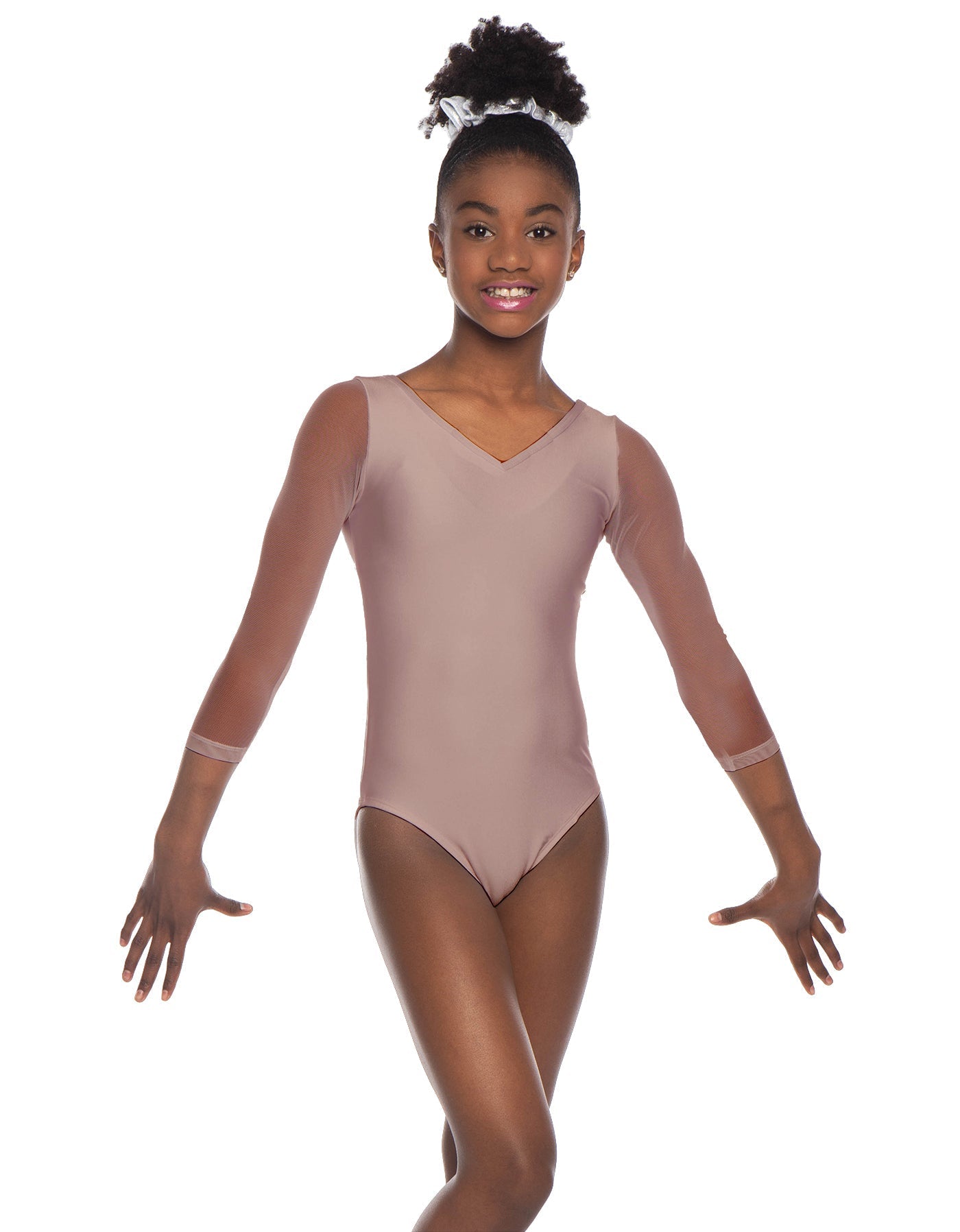 Solid Lycra Mesh 3/4 Sleeve V-Neck Leotard Gymnastics