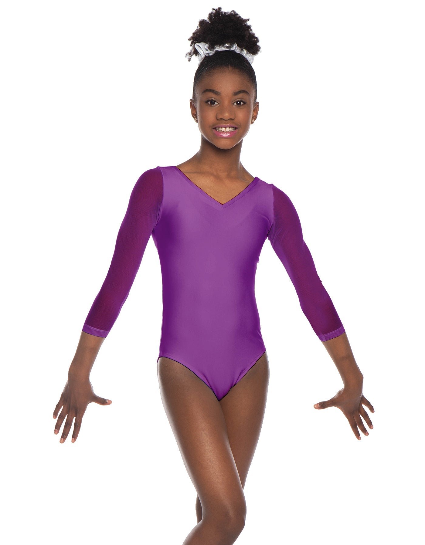 Solid Lycra Mesh 3/4 Sleeve V-Neck Leotard Gymnastics