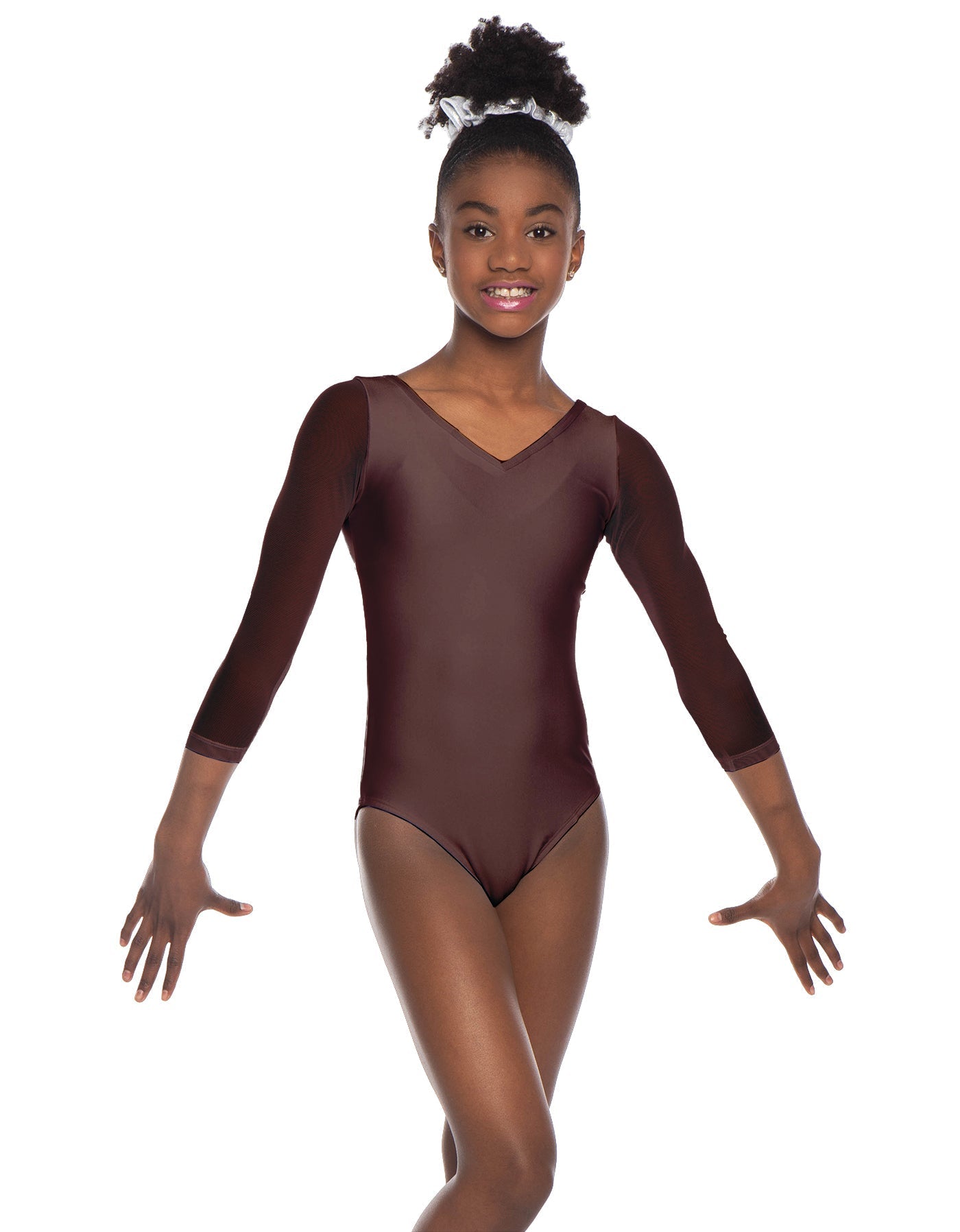 Solid Lycra Mesh 3/4 Sleeve V-Neck Leotard Gymnastics