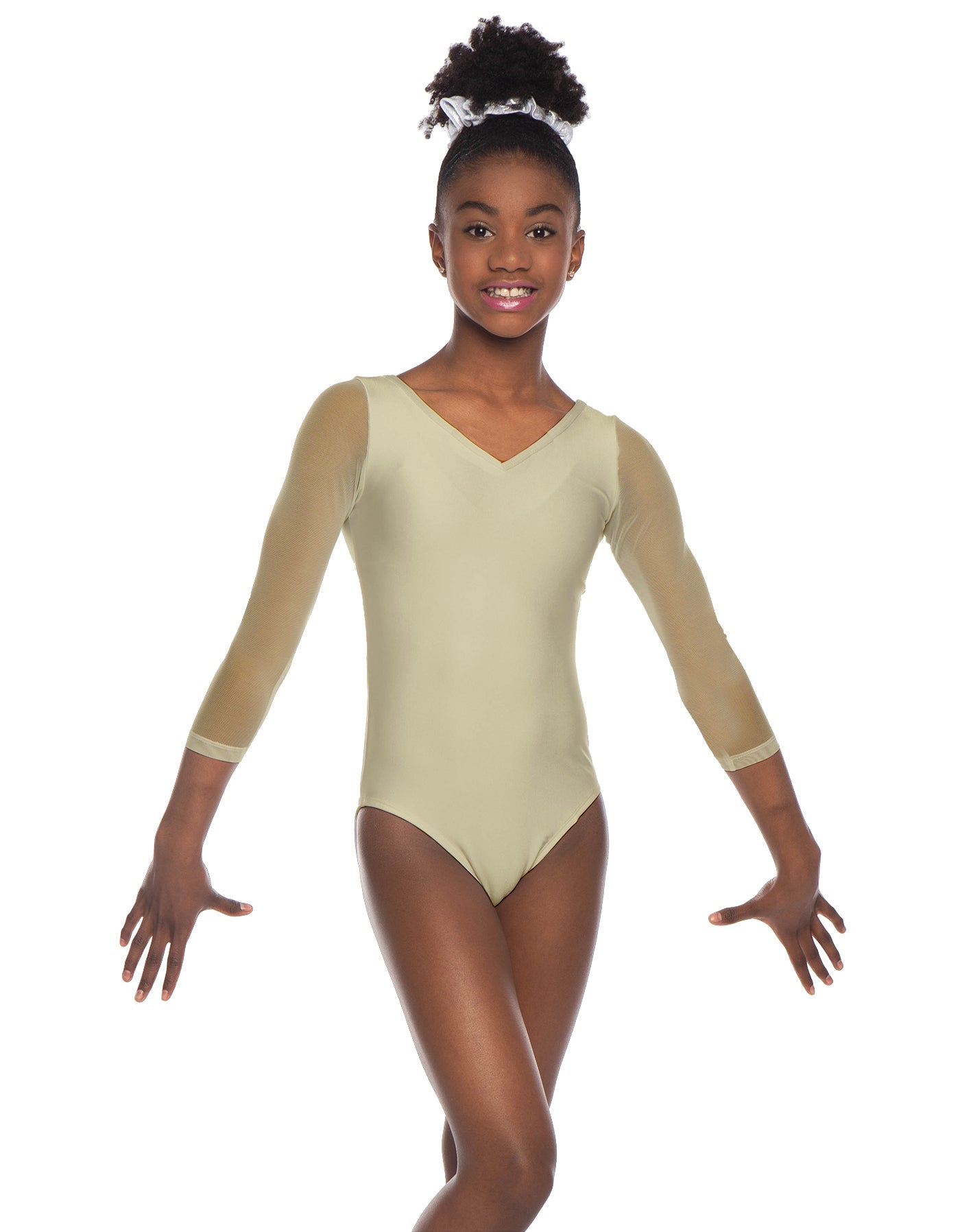 Solid Lycra Mesh 3/4 Sleeve V-Neck Leotard Gymnastics