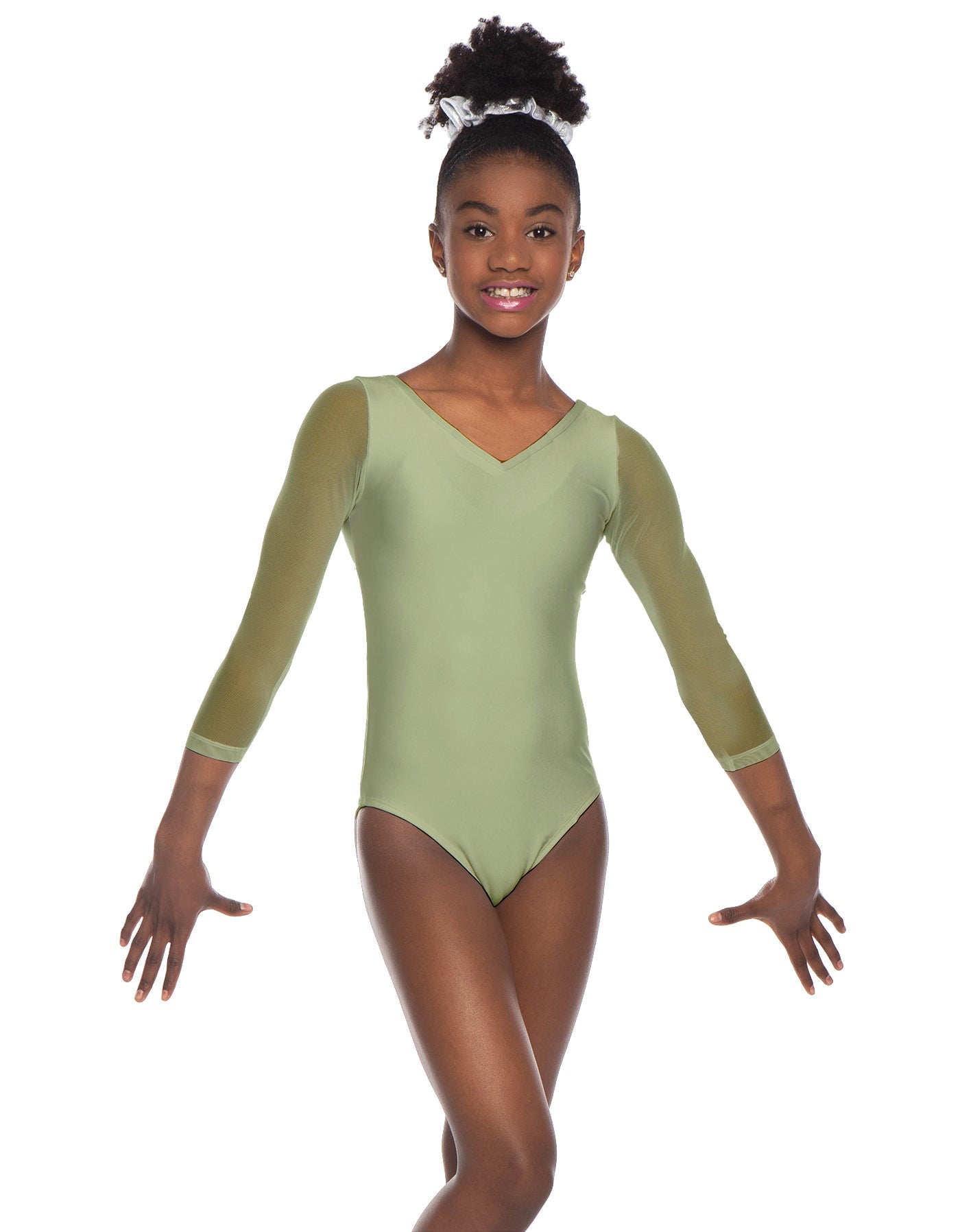 Solid Lycra Mesh 3/4 Sleeve V-Neck Leotard Gymnastics