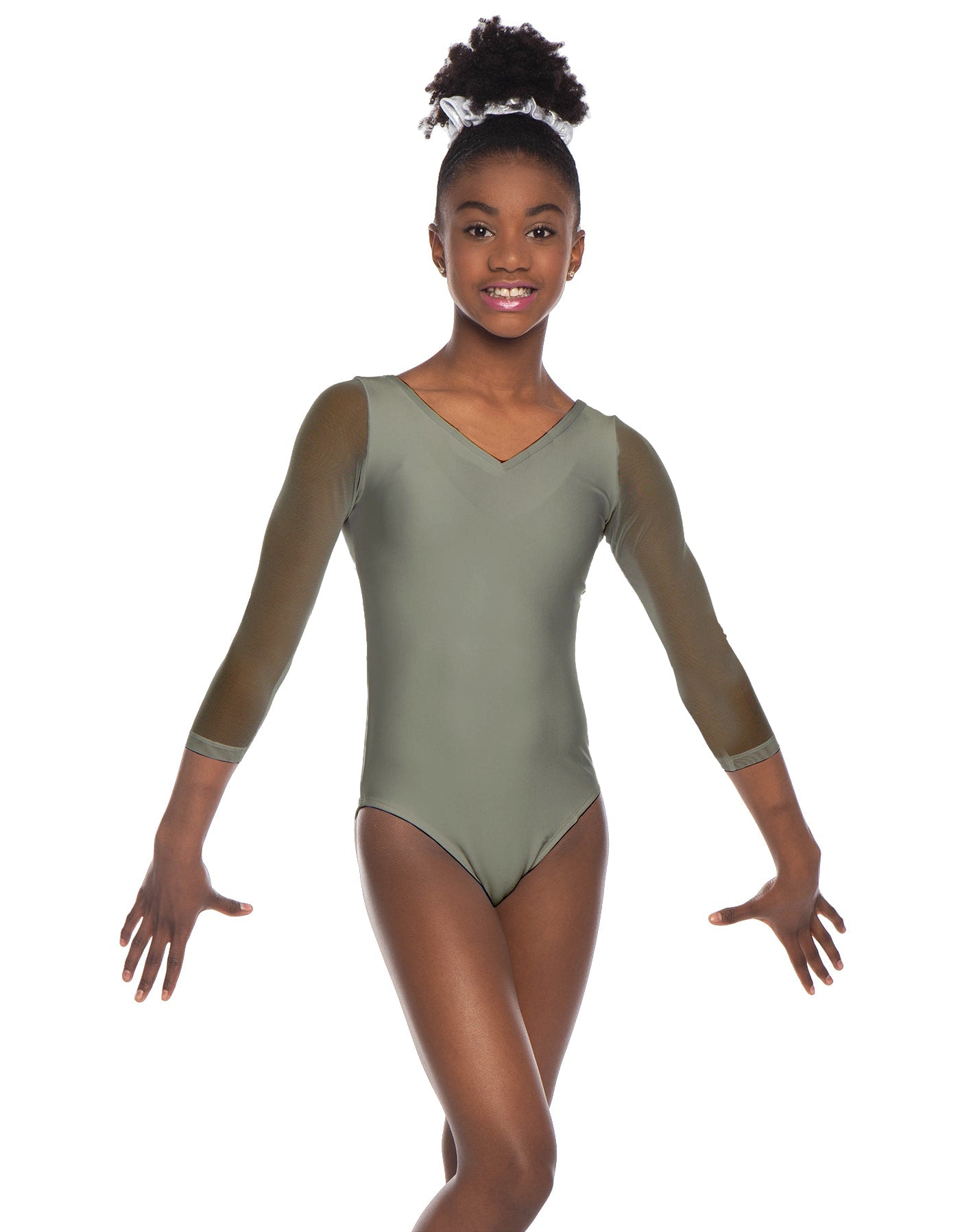 Solid Lycra Mesh 3/4 Sleeve V-Neck Leotard Gymnastics