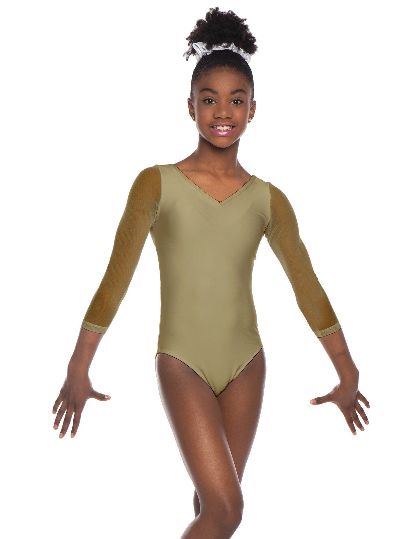 Solid Lycra Mesh 3/4 Sleeve V-Neck Leotard Gymnastics