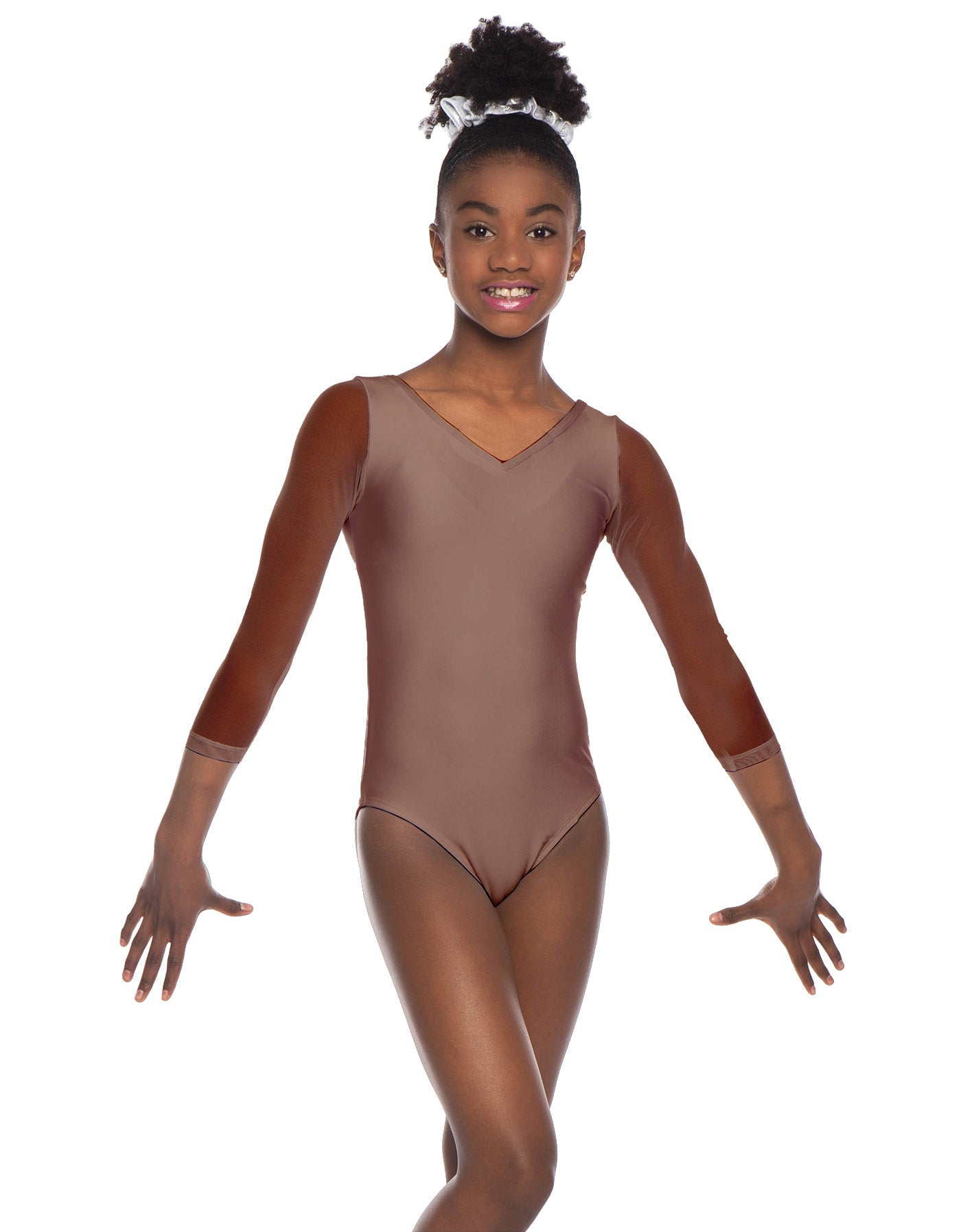 Solid Lycra Mesh 3/4 Sleeve V-Neck Leotard Gymnastics