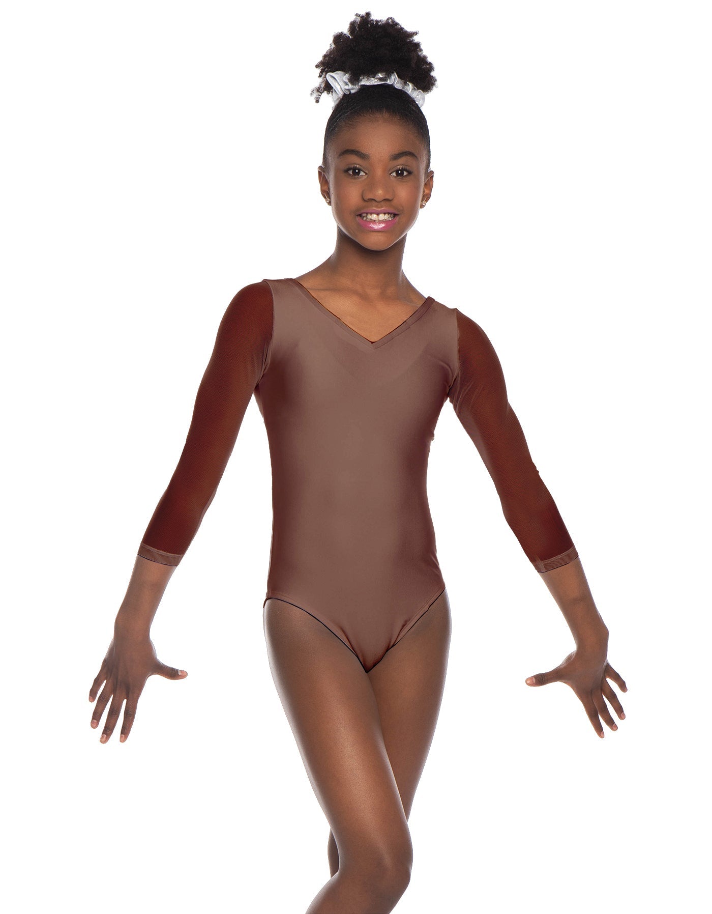 Solid Lycra Mesh 3/4 Sleeve V-Neck Leotard Gymnastics