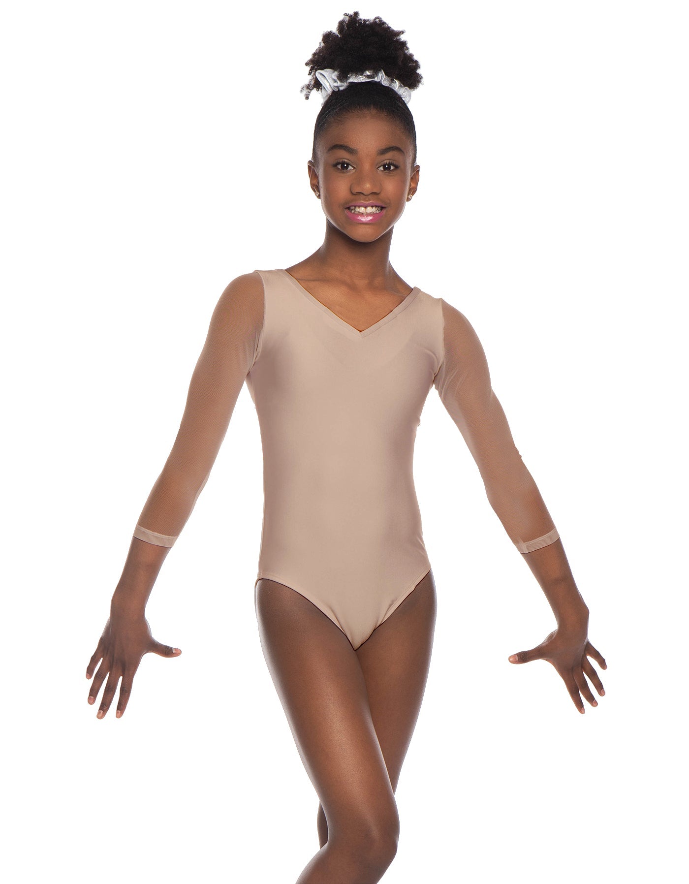 Solid Lycra Mesh 3/4 Sleeve V-Neck Leotard Gymnastics