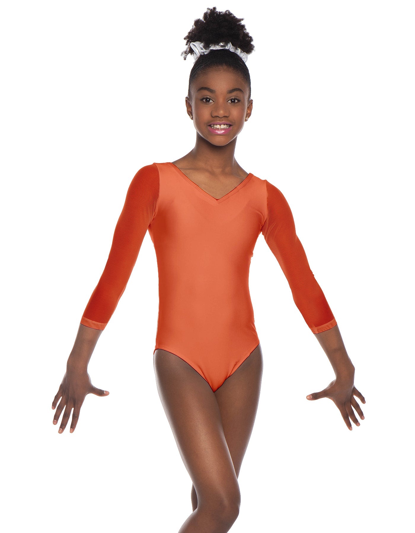 Solid Lycra Mesh 3/4 Sleeve V-Neck Leotard Gymnastics