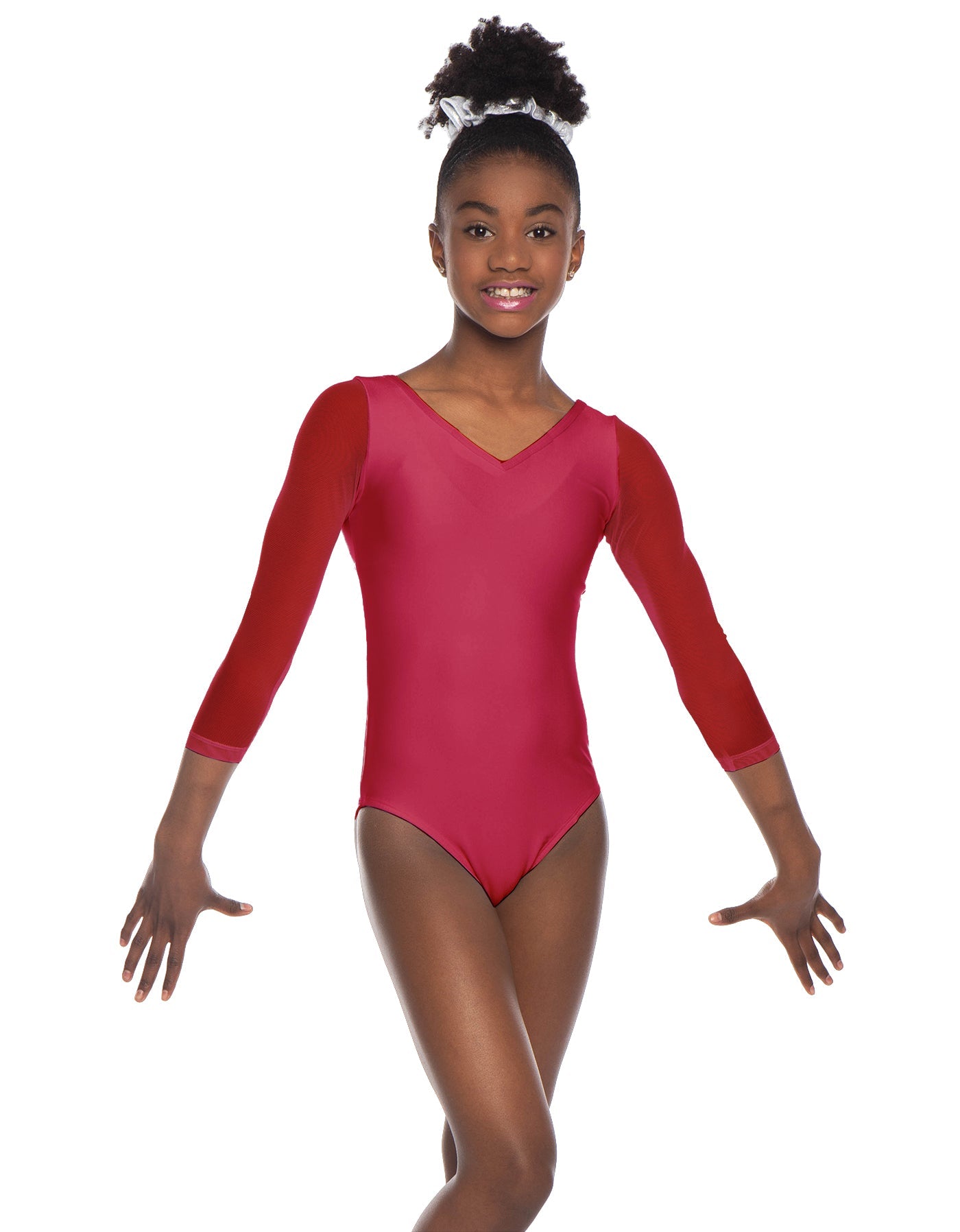Solid Lycra Mesh 3/4 Sleeve V-Neck Leotard Gymnastics