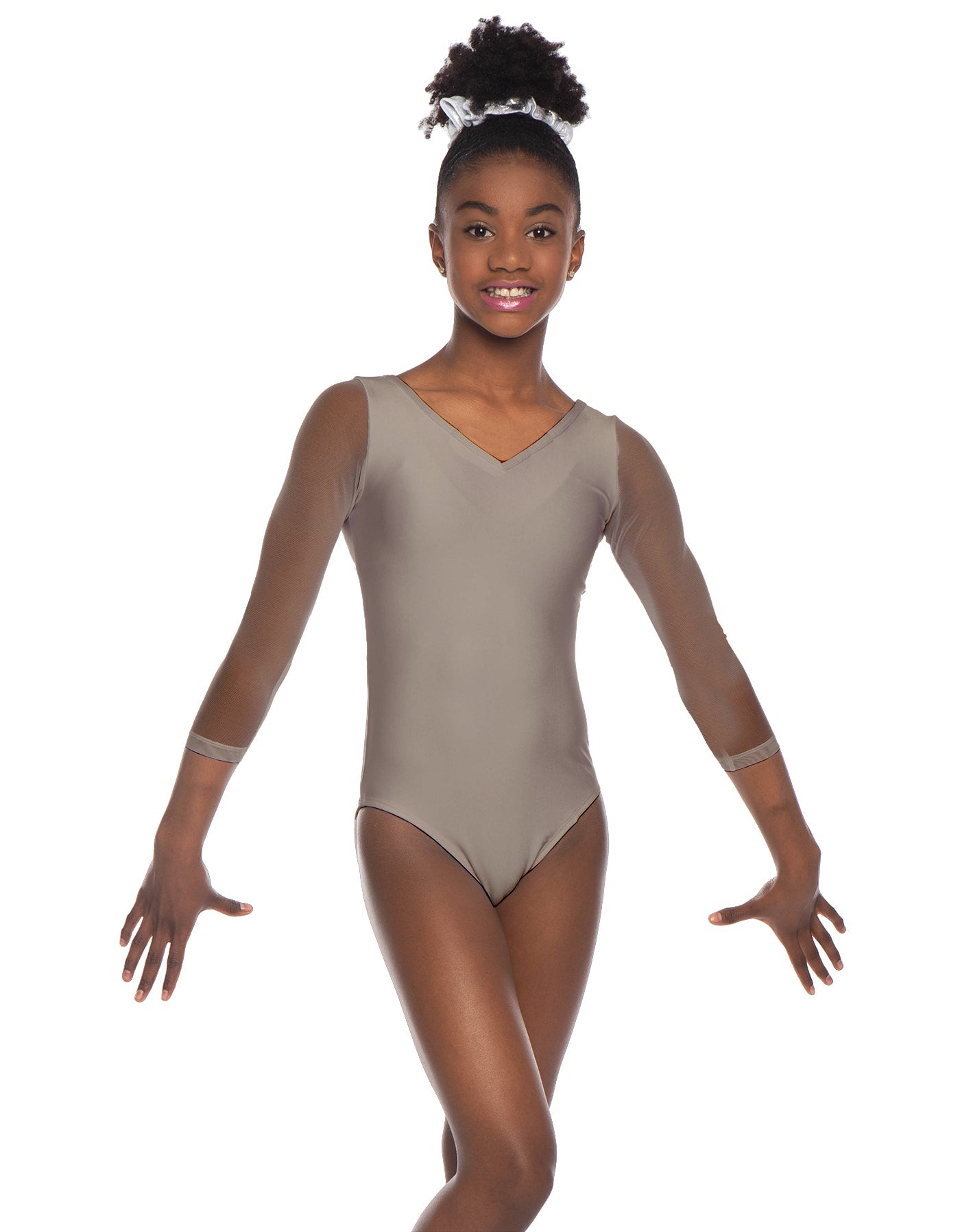 Solid Lycra Mesh 3/4 Sleeve V-Neck Leotard Gymnastics