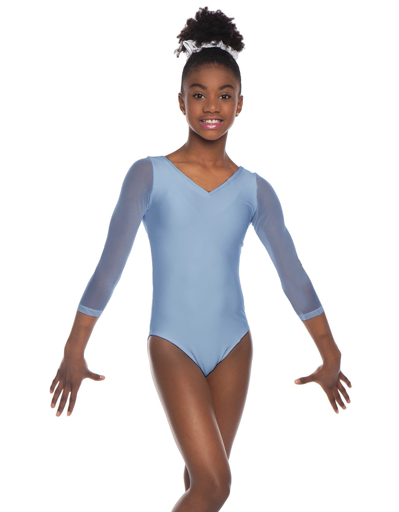 Solid Lycra Mesh 3/4 Sleeve V-Neck Leotard Gymnastics