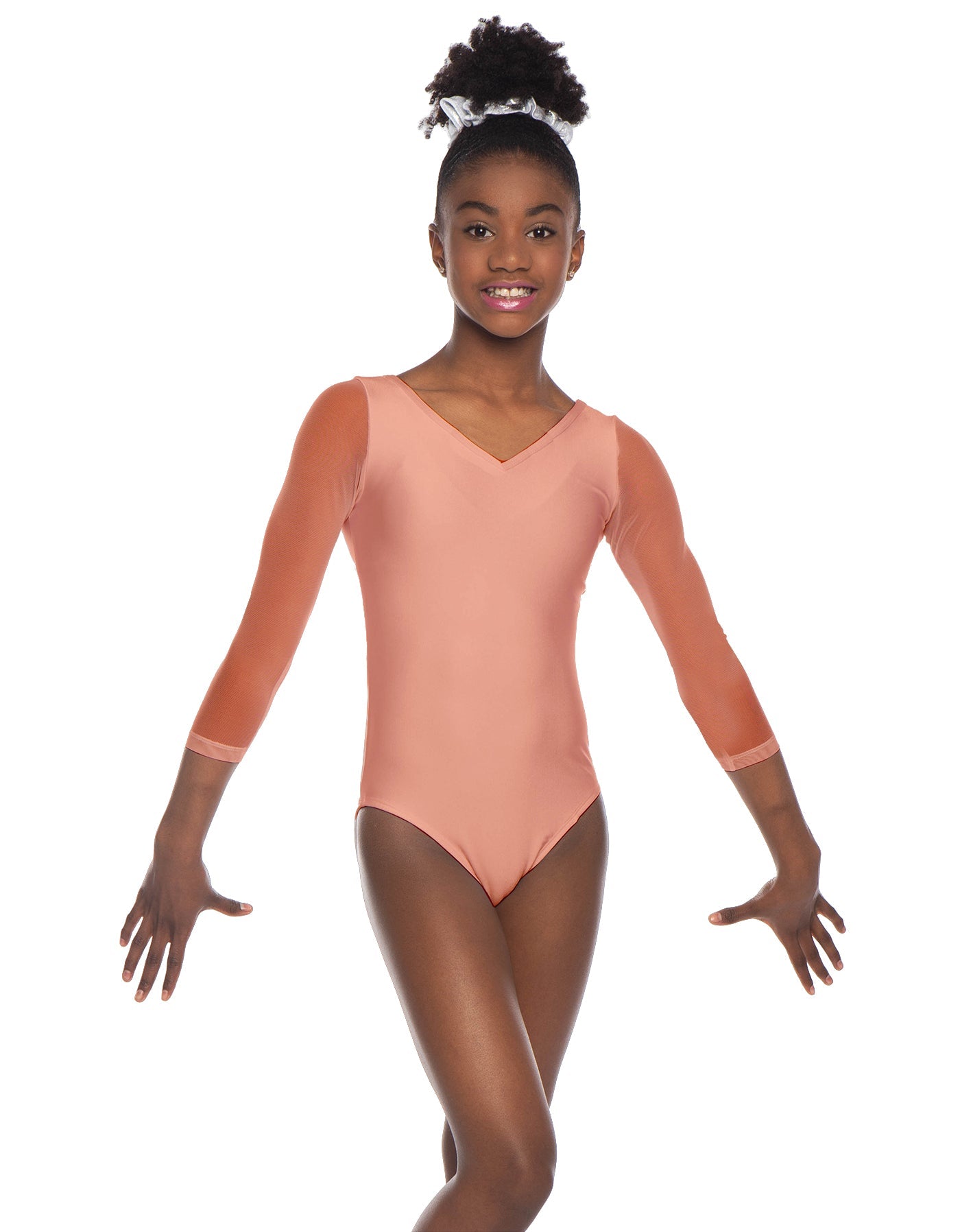 Solid Lycra Mesh 3/4 Sleeve V-Neck Leotard Gymnastics