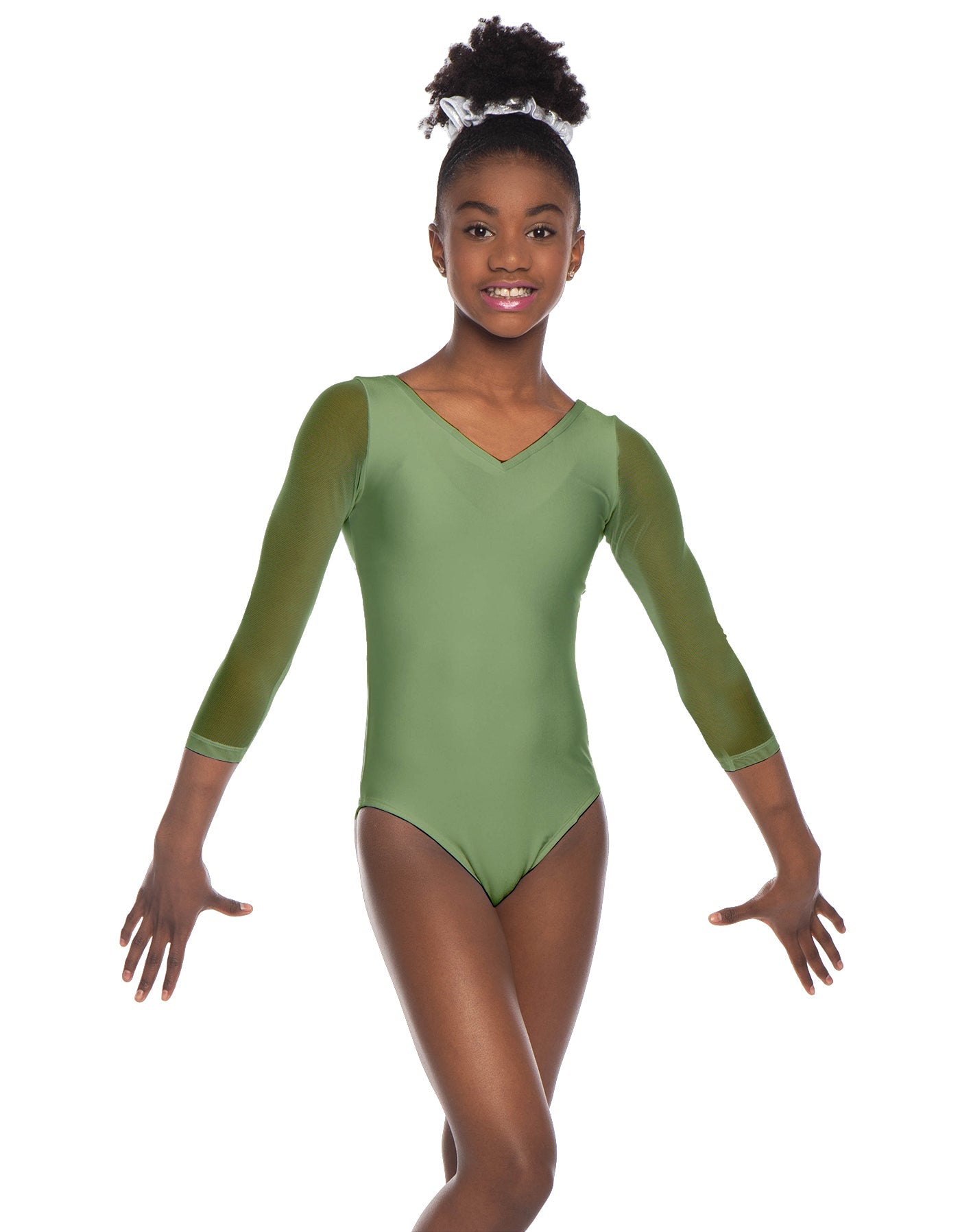 Solid Lycra Mesh 3/4 Sleeve V-Neck Leotard Gymnastics
